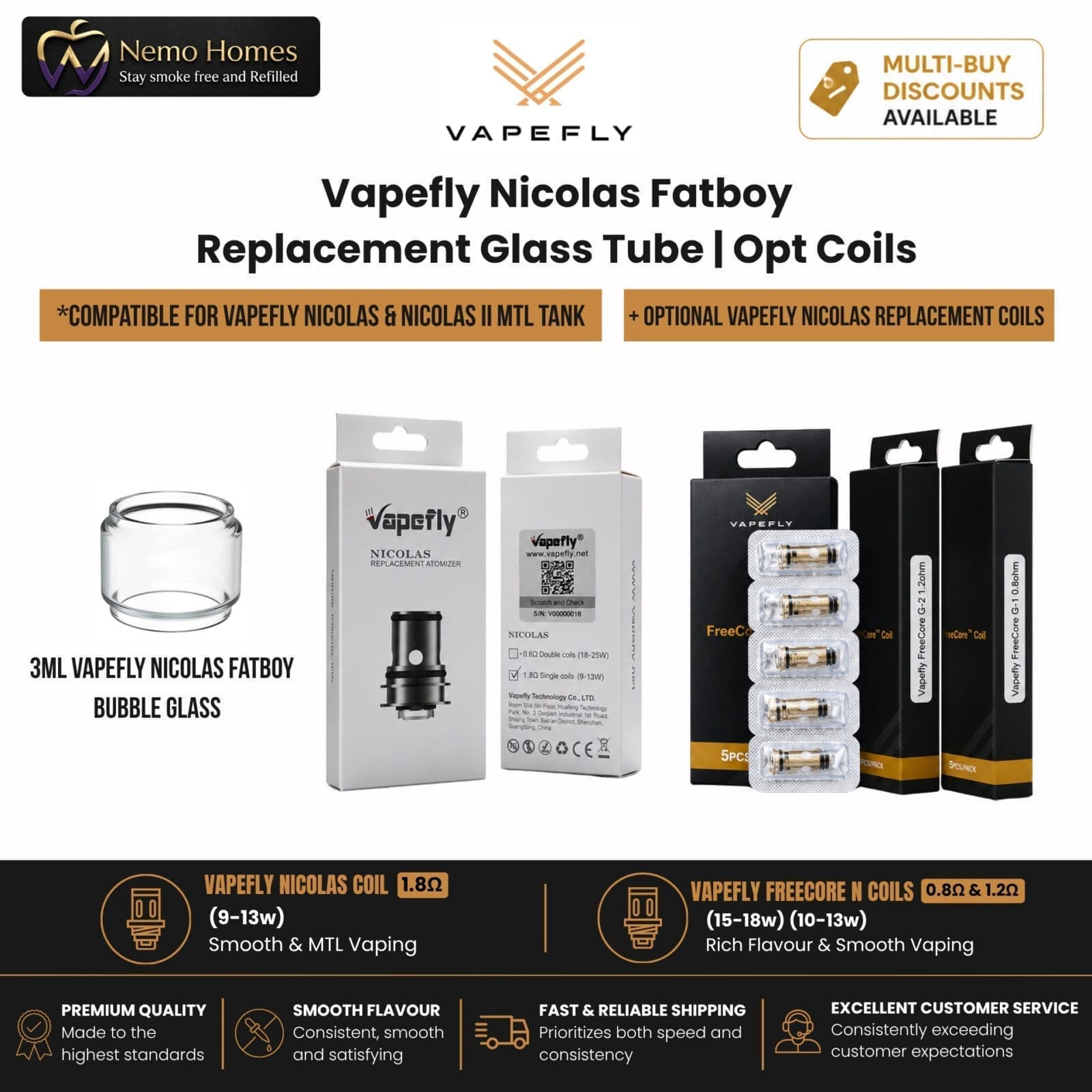 Buy Vapefly Nicolas Fatboy Replacement Glass Tube| Opt Coils - Free UK Next Day Delivery (no minimum spend)