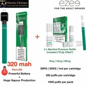 Buy EZEE Menthol Cigalike Full Starter Kit - 0mg | 12mg | 20mg - Free UK Next Day Delivery (no minimum spend)