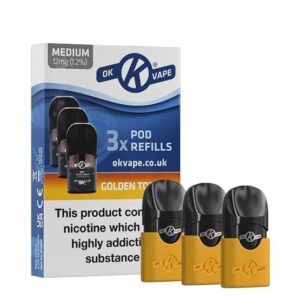 Buy Ok Vape Pod Vape Kit - 3 x Golden Tobacco 12mg Pods - Free UK Next Day Delivery (no minimum spend)