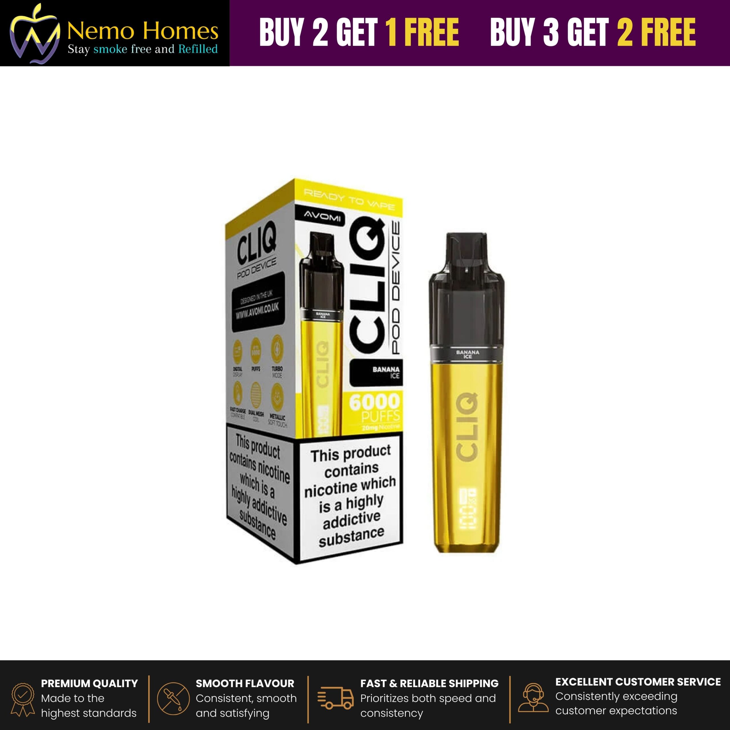Buy Avomi Cliq 6000 Puffs Prefilled Vape Kit - Banana Ice Starter Kit - Free UK Next Day Delivery (no minimum spend)
