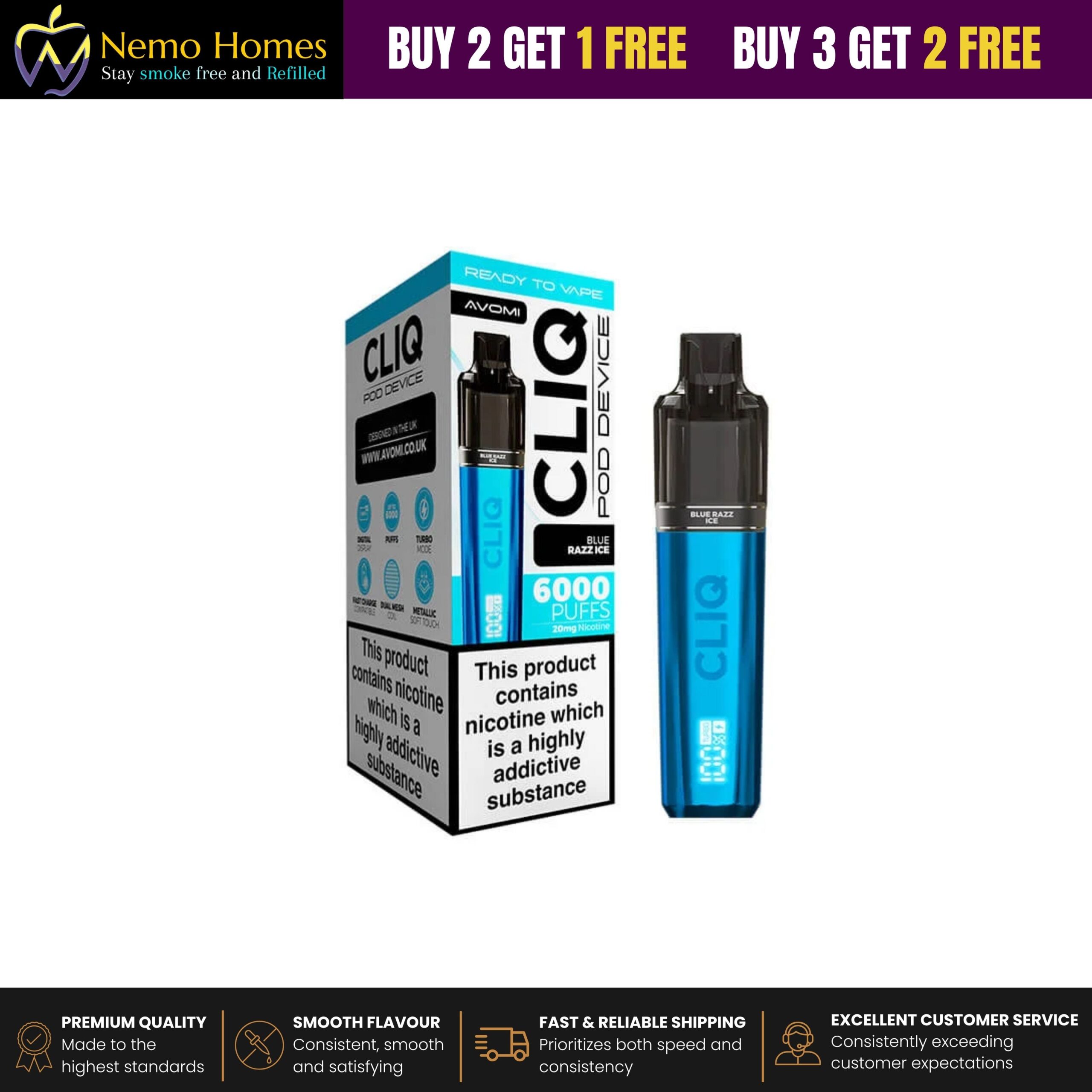 Buy Avomi Cliq 6000 Puffs Prefilled Vape Kit - Blue Razz Ice Starter Kit - Free UK Next Day Delivery (no minimum spend)