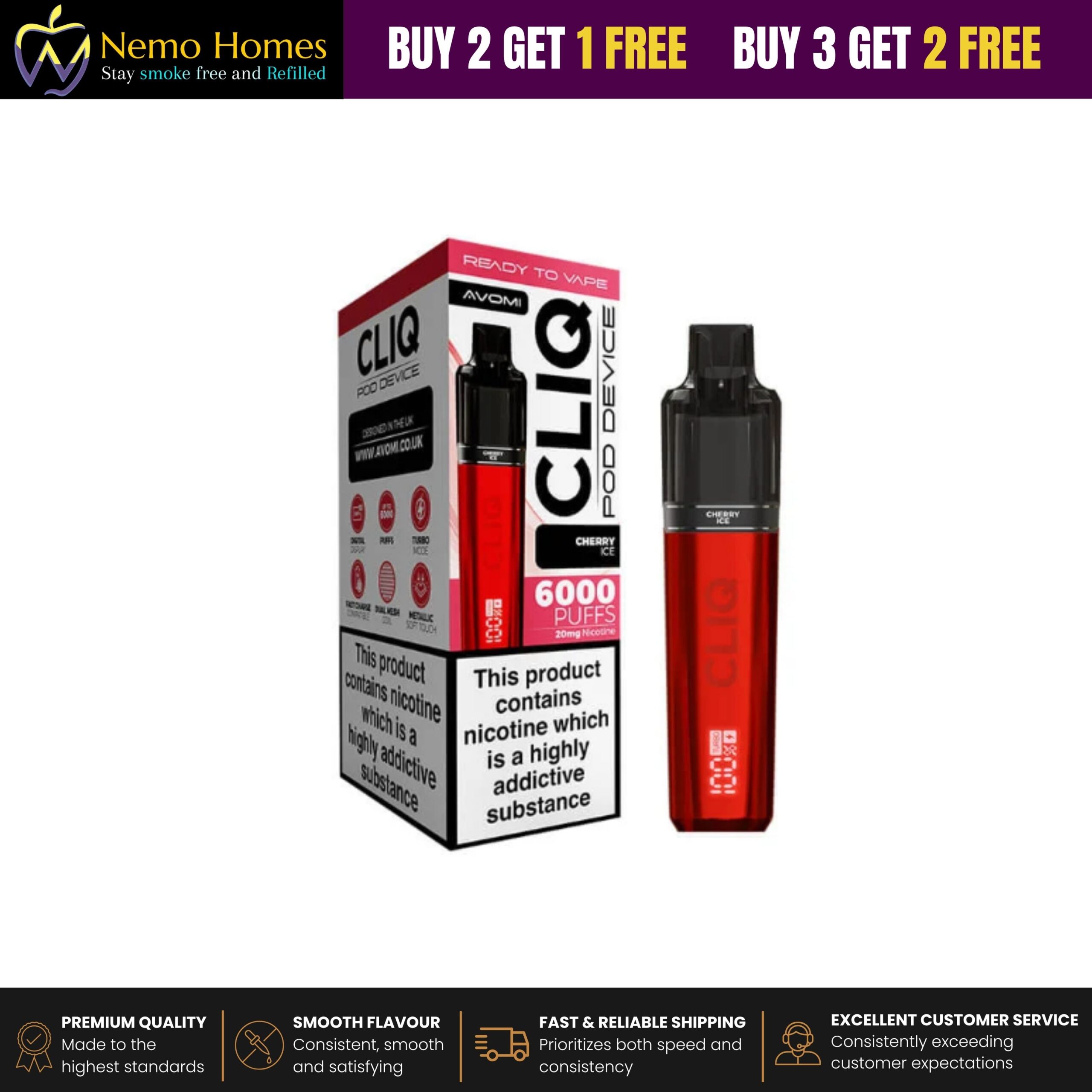 Buy Avomi Cliq 6000 Puffs Prefilled Vape Kit - Cherry Ice Starter Kit - Free UK Next Day Delivery (no minimum spend)