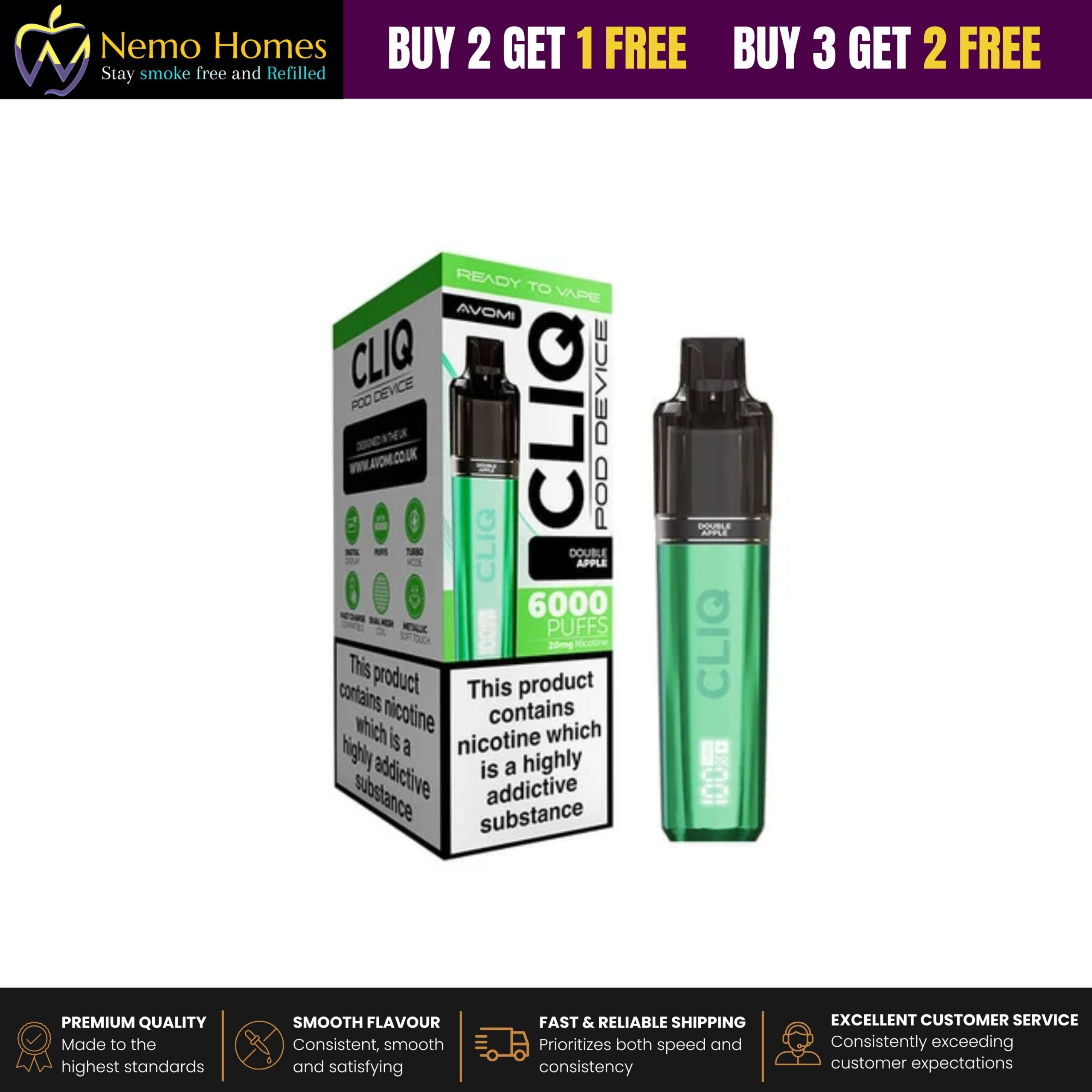 Buy Avomi Cliq 6000 Puffs Prefilled Vape Kit - Double Apple Starter Kit - Free UK Next Day Delivery (no minimum spend)