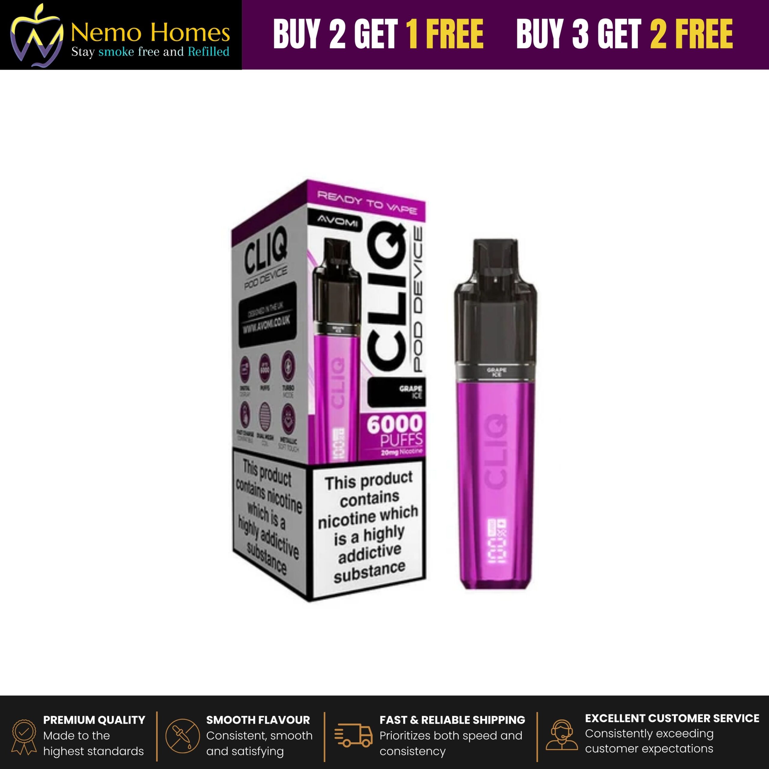 Buy Avomi Cliq 6000 Puffs Prefilled Vape Kit - Grape Ice Starter Kit - Free UK Next Day Delivery (no minimum spend)