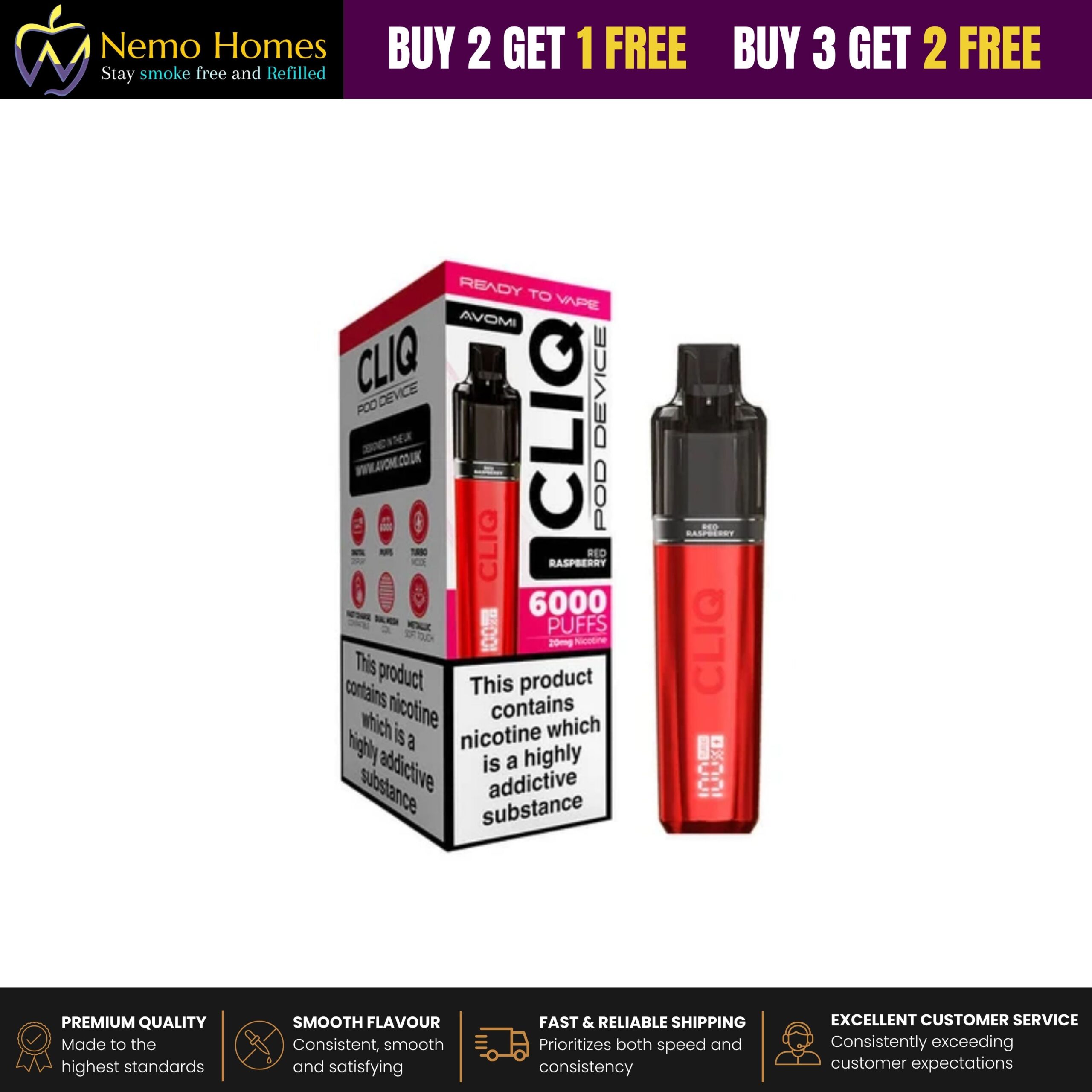 Buy Avomi Cliq 6000 Puffs Prefilled Vape Kit - Red Raspberry Starter Kit - Free UK Next Day Delivery (no minimum spend)
