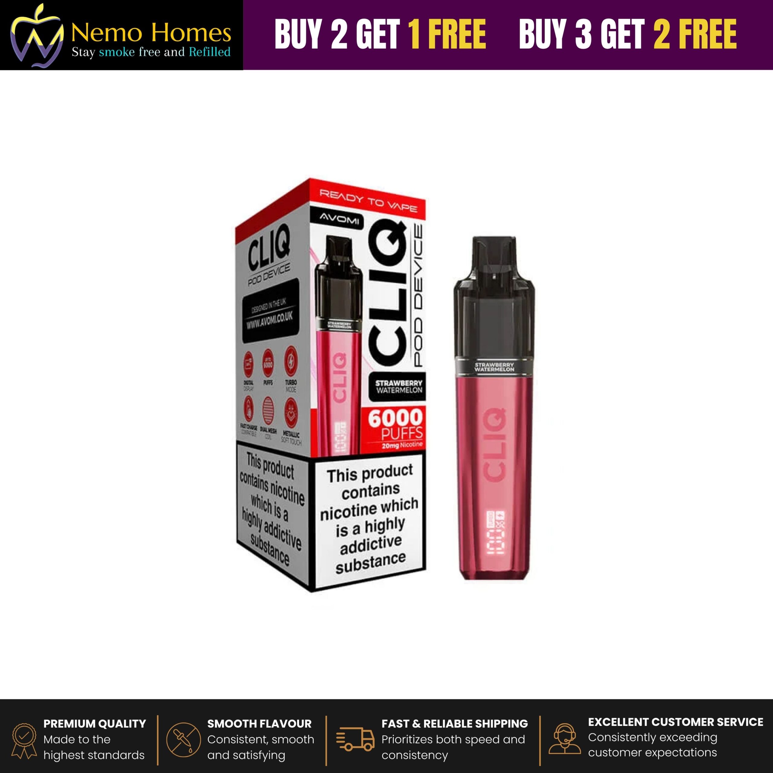 Buy Avomi Cliq 6000 Puffs Prefilled Vape Kit - Strawberry Watermelon Starter Kit - Free UK Next Day Delivery (no minimum spend)