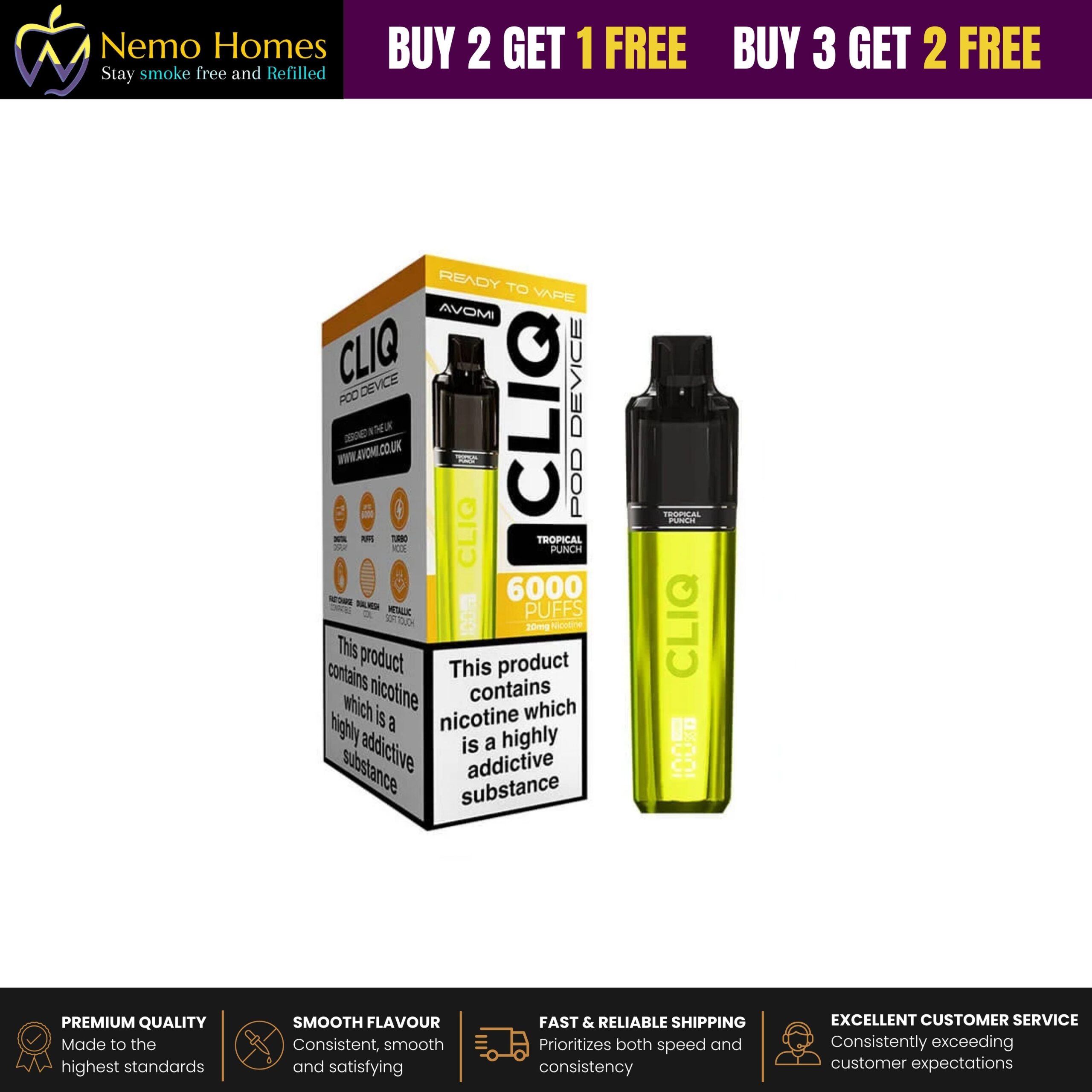 Buy Avomi Cliq 6000 Puffs Prefilled Vape Kit - Tropical Punch Starter Kit - Free UK Next Day Delivery (no minimum spend)