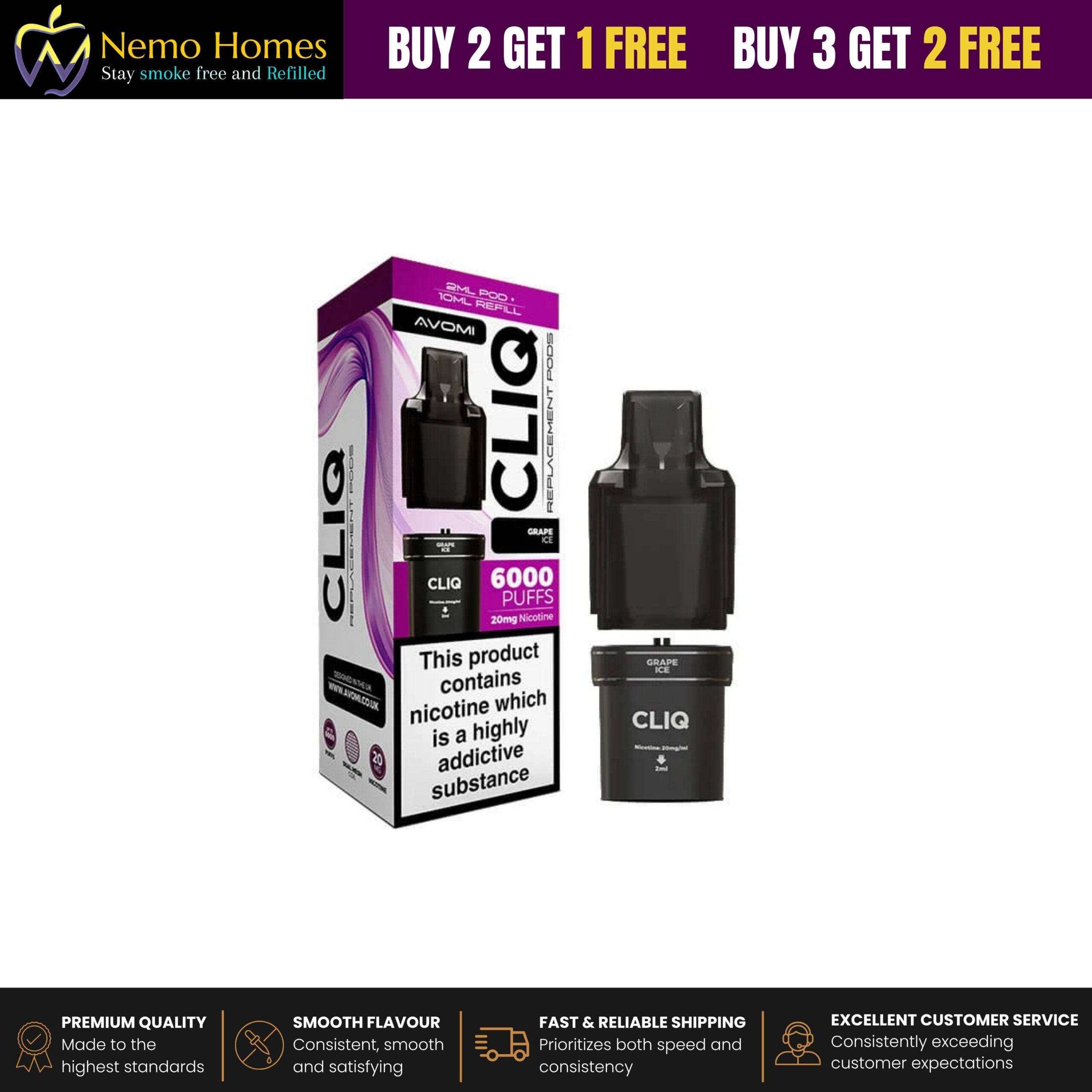Buy Avomi Cliq Prefilled Vape Pod Replacement - Free UK Next Day Delivery (no minimum spend)