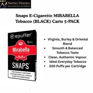 Buy ePuffer SNAPS E-Cigarette MIRABELLA Tobacco (BLACK) Carts 5-PACK - Free UK Next Day Delivery (no minimum spend)