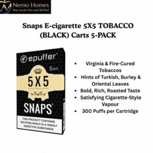 Buy ePuffer SNAPS E-cigarette 5X5 TOBACCO (BLACK) Carts 5-PACK - Free UK Next Day Delivery (no minimum spend)