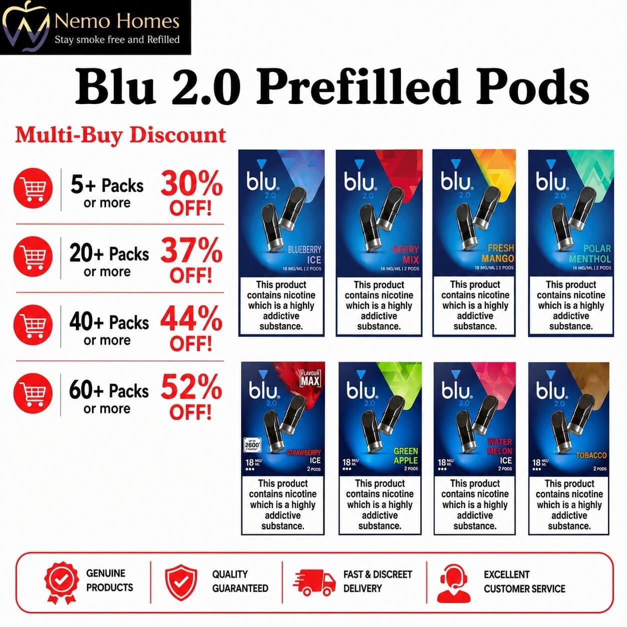 Buy Blu 2.0 Pods - myBlu Prefilled Vape Pods | 9mg | 18mg - Free UK Next Day Delivery (no minimum spend)