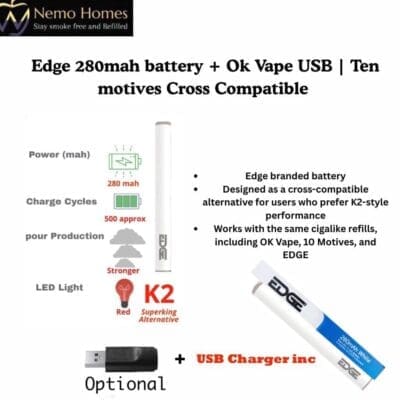 Buy Edge 280mah battery + Optional USB Charger| 10 motives Ok Vape Cross Compatible  - Free UK Next Day Delivery (no minimum spend)
