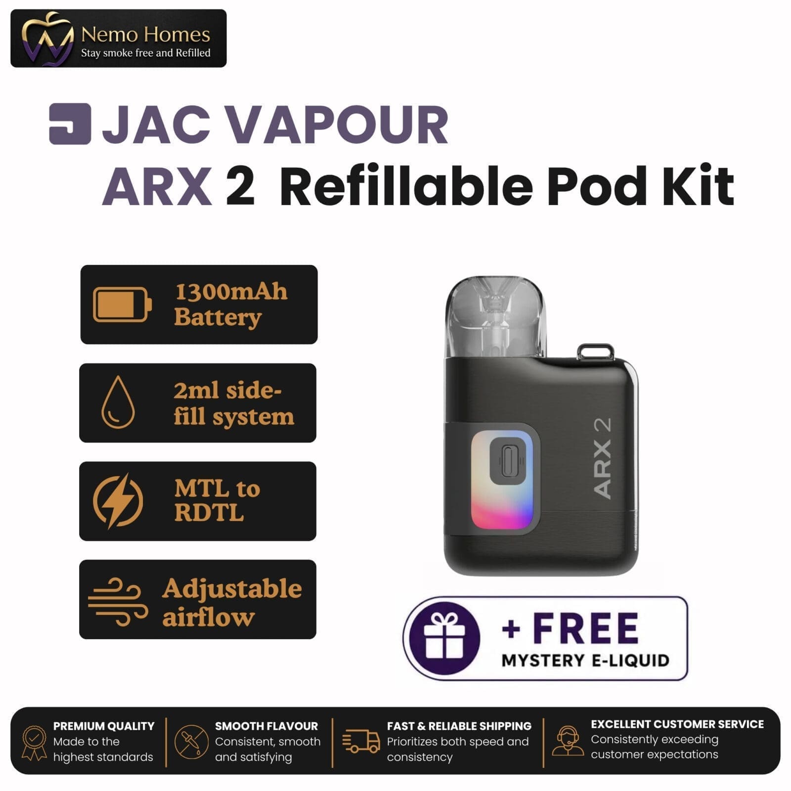Buy JAC Vapour ARX 2 Refillable Pod Kit + Free Mystery E-Liquid - Free UK Next Day Delivery (no minimum spend)