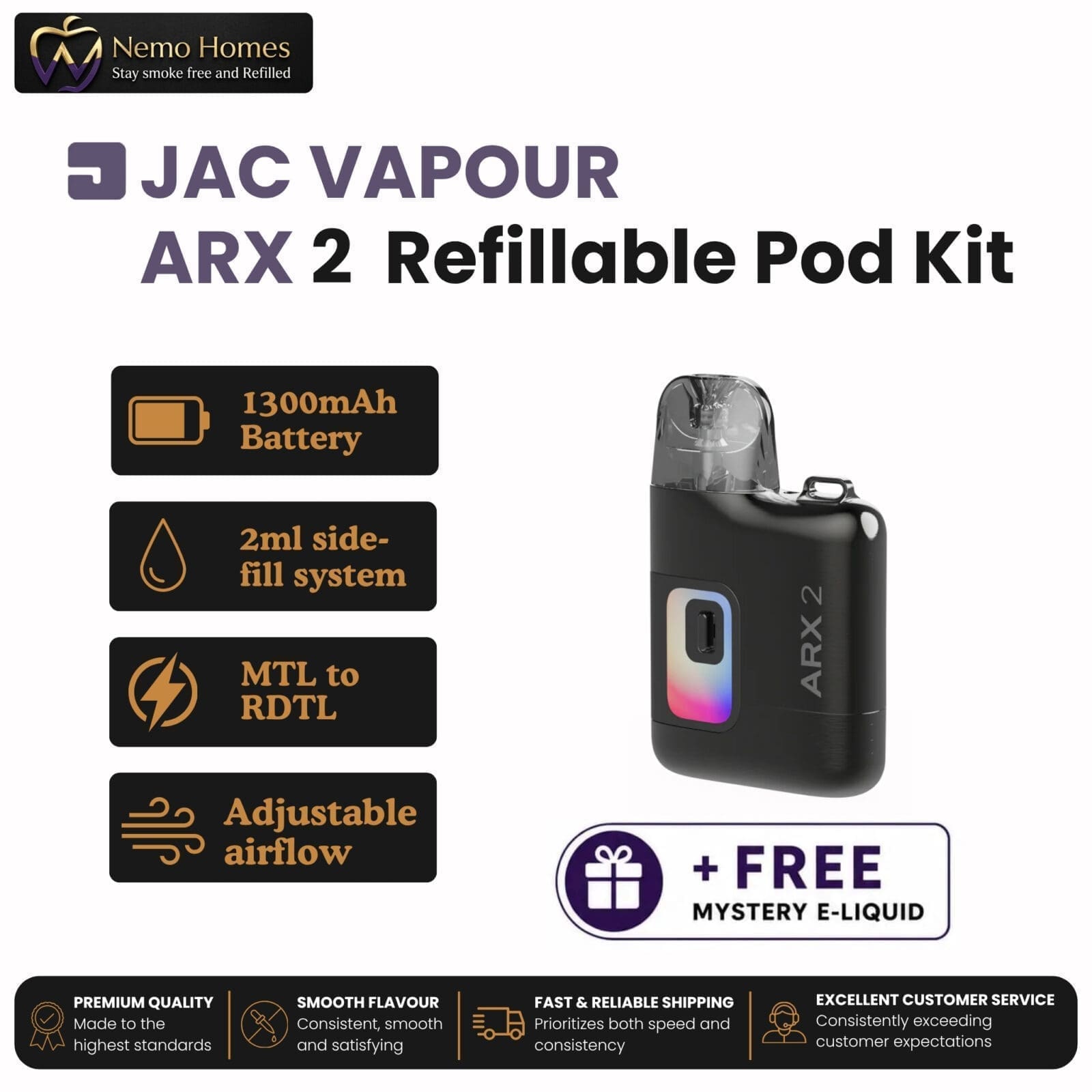 Buy JAC Vapour ARX 2 Refillable Pod Kit + Free Mystery E-Liquid - ARX 2 Black Carbon - Free UK Next Day Delivery (no minimum spend)