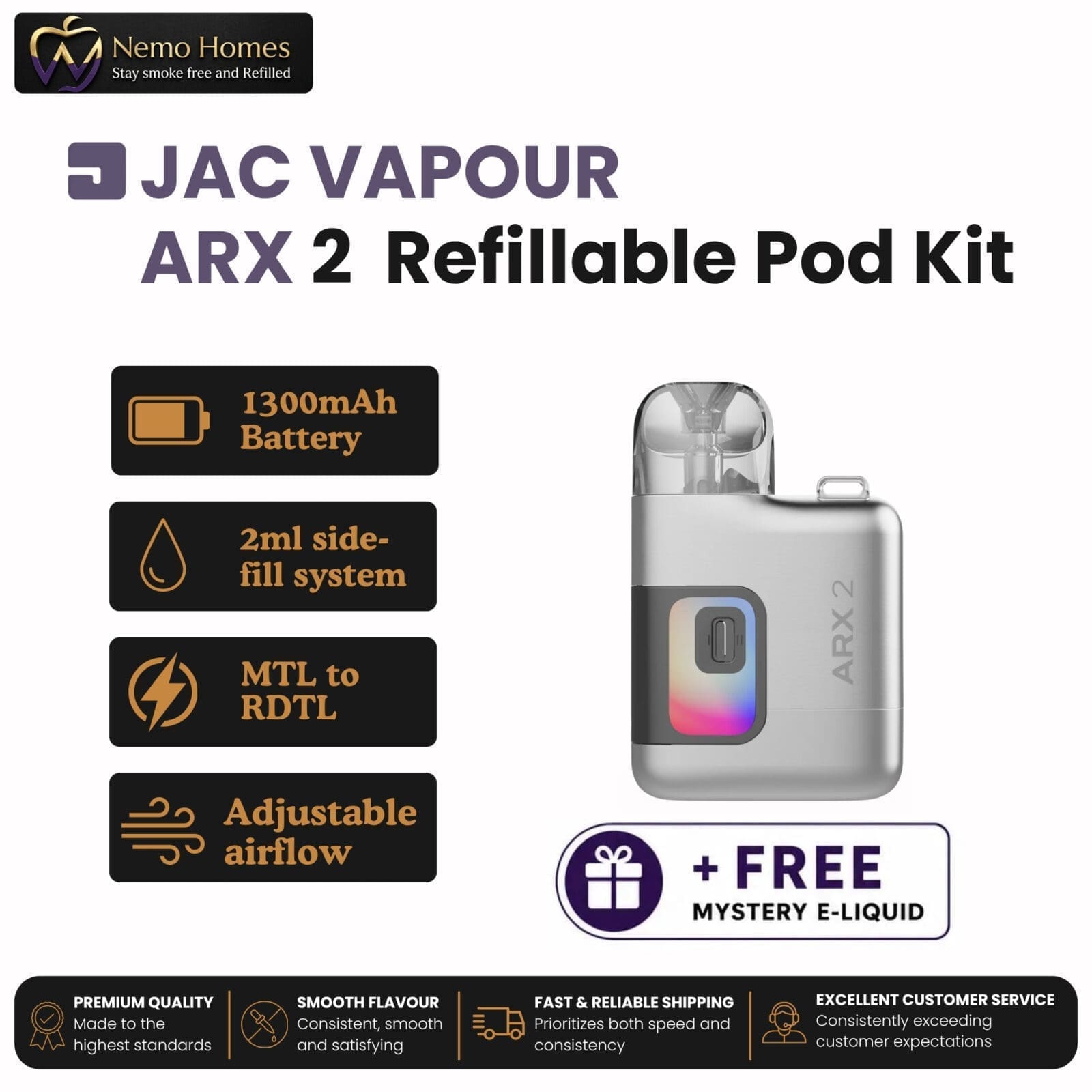 Buy JAC Vapour ARX 2 Refillable Pod Kit + Free Mystery E-Liquid - Free UK Next Day Delivery (no minimum spend)