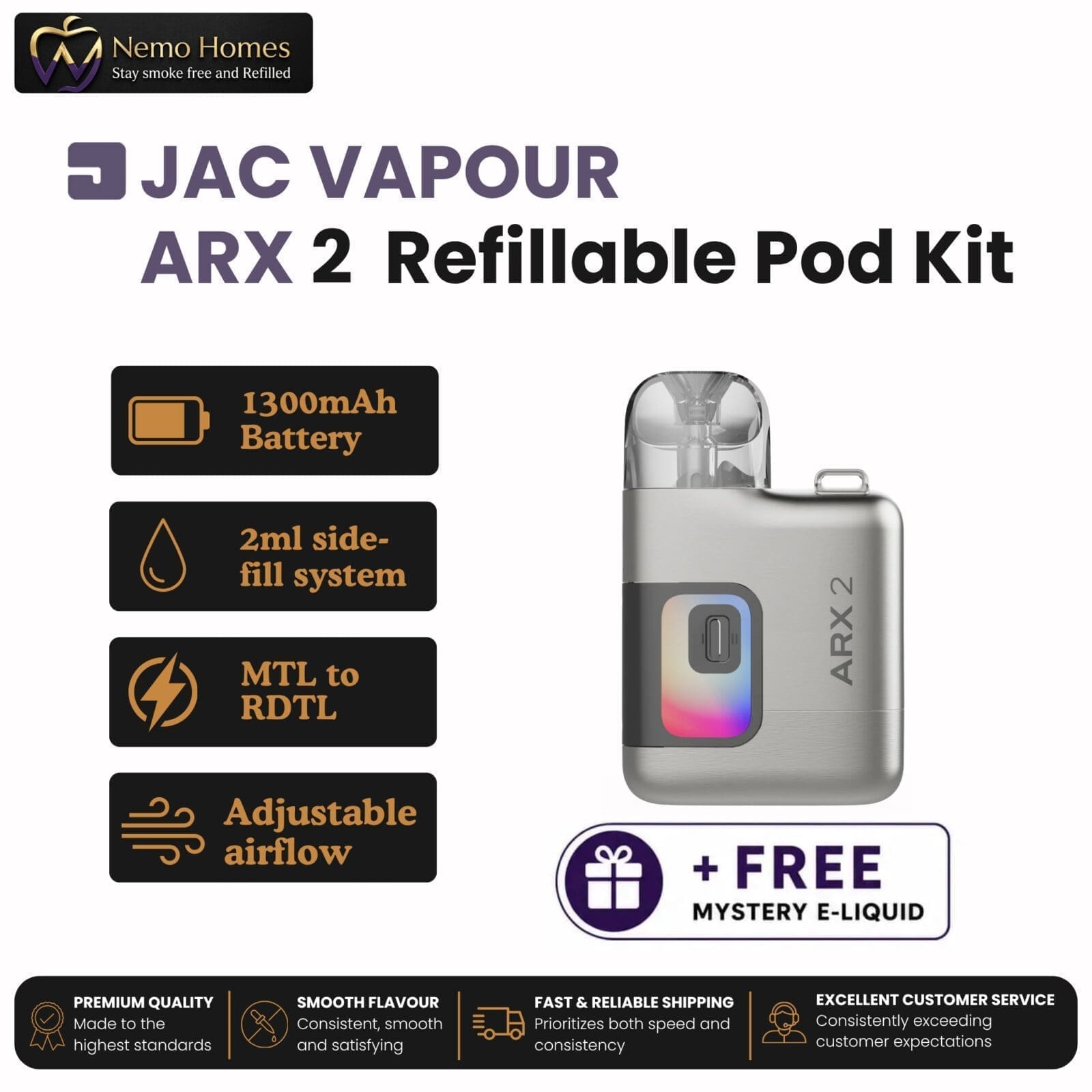 Buy JAC Vapour ARX 2 Refillable Pod Kit + Free Mystery E-Liquid - Free UK Next Day Delivery (no minimum spend)