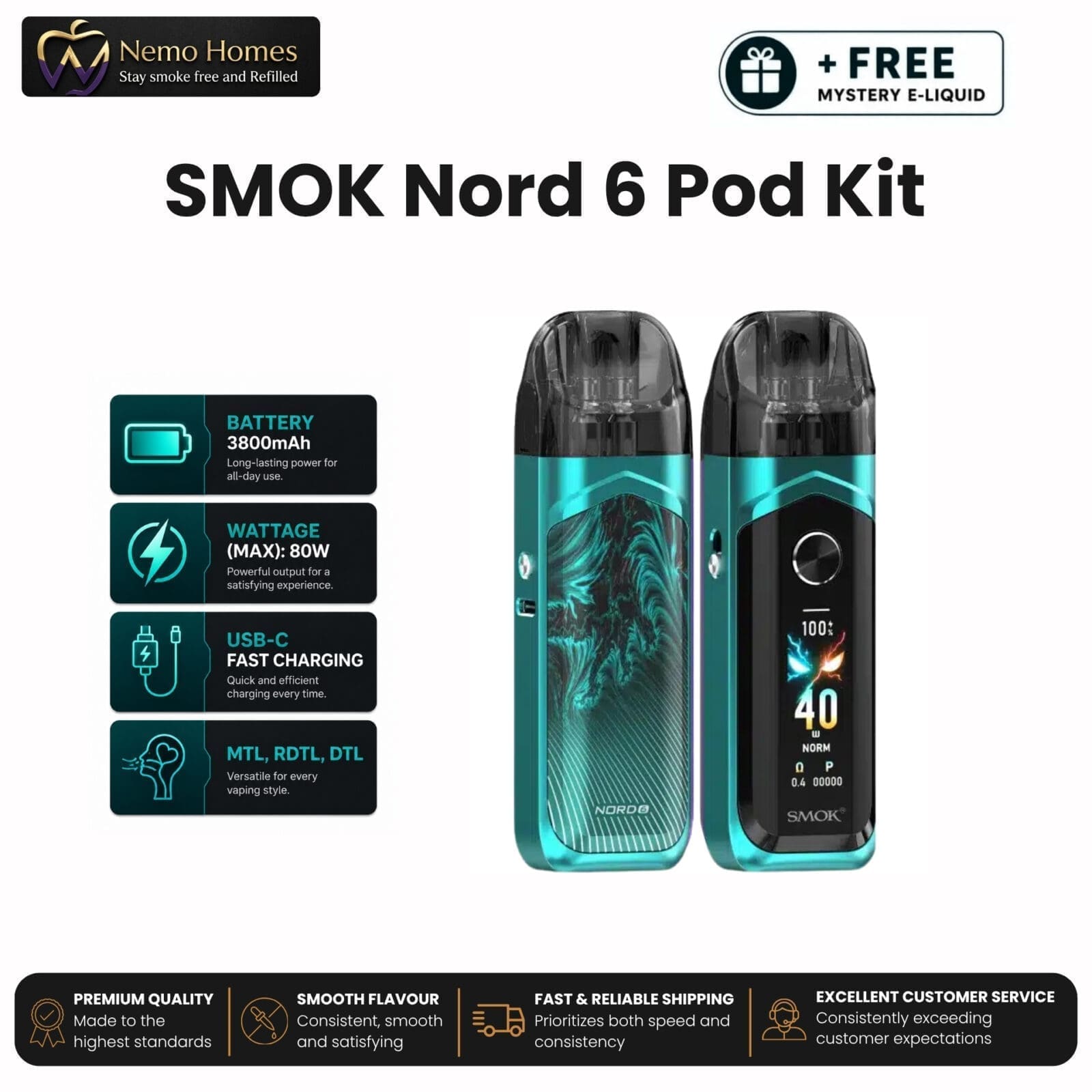 Buy SMOK Nord 6 Kit + Free E liquid - Mineral Green - Free UK Next Day Delivery (no minimum spend)