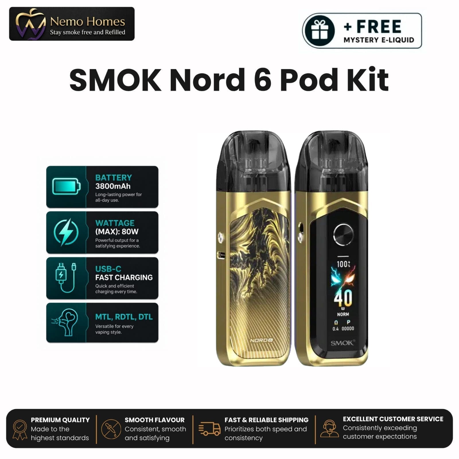 Buy SMOK Nord 6 Kit + Free E liquid - Gold - Free UK Next Day Delivery (no minimum spend)
