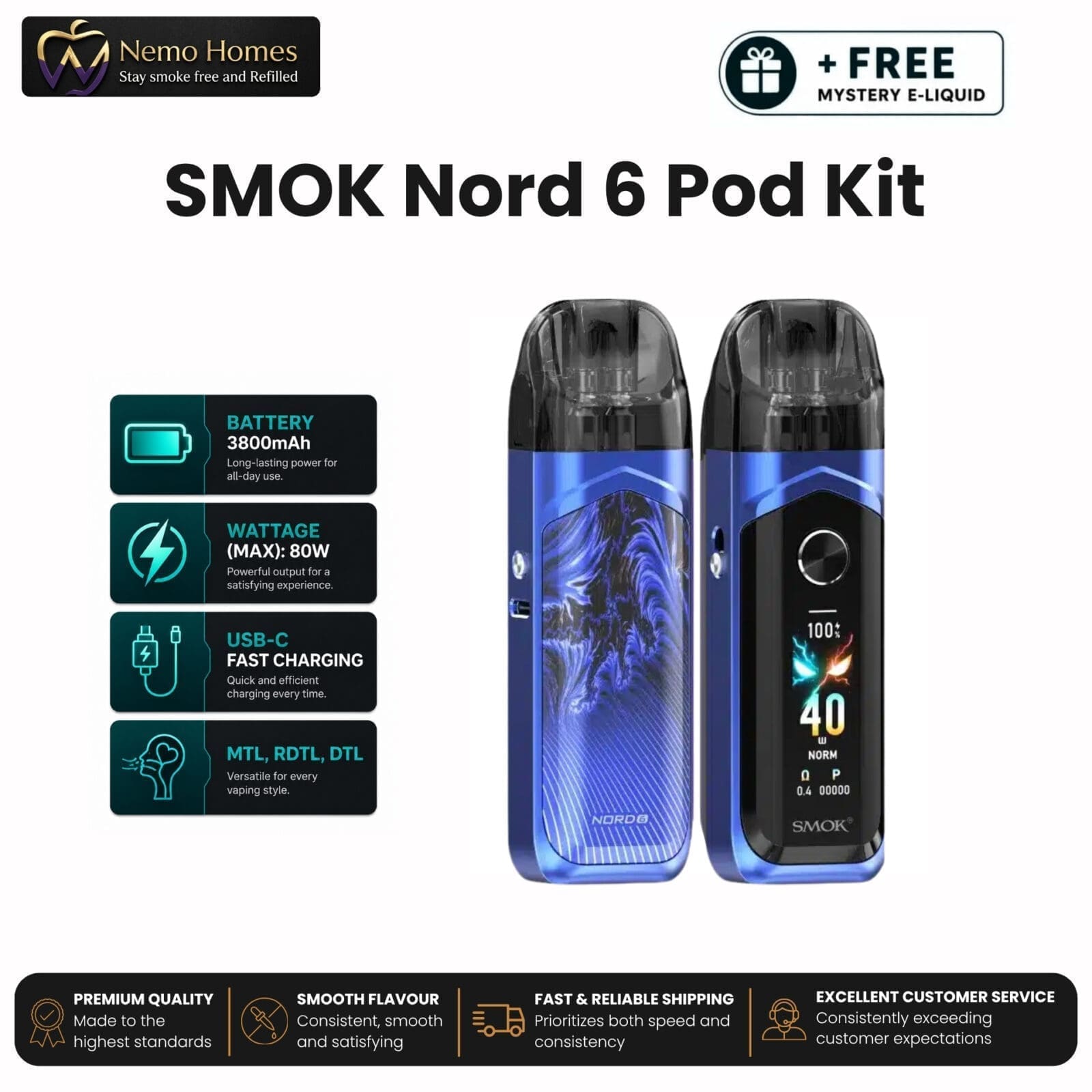 Buy SMOK Nord 6 Kit + Free E liquid - Blue - Free UK Next Day Delivery (no minimum spend)