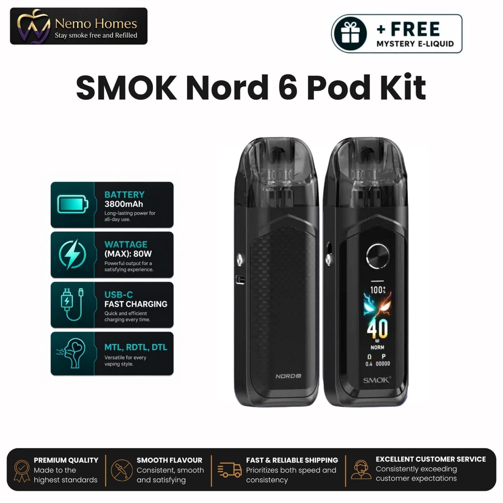 Buy SMOK Nord 6 Kit + Free E liquid - Black - Free UK Next Day Delivery (no minimum spend)