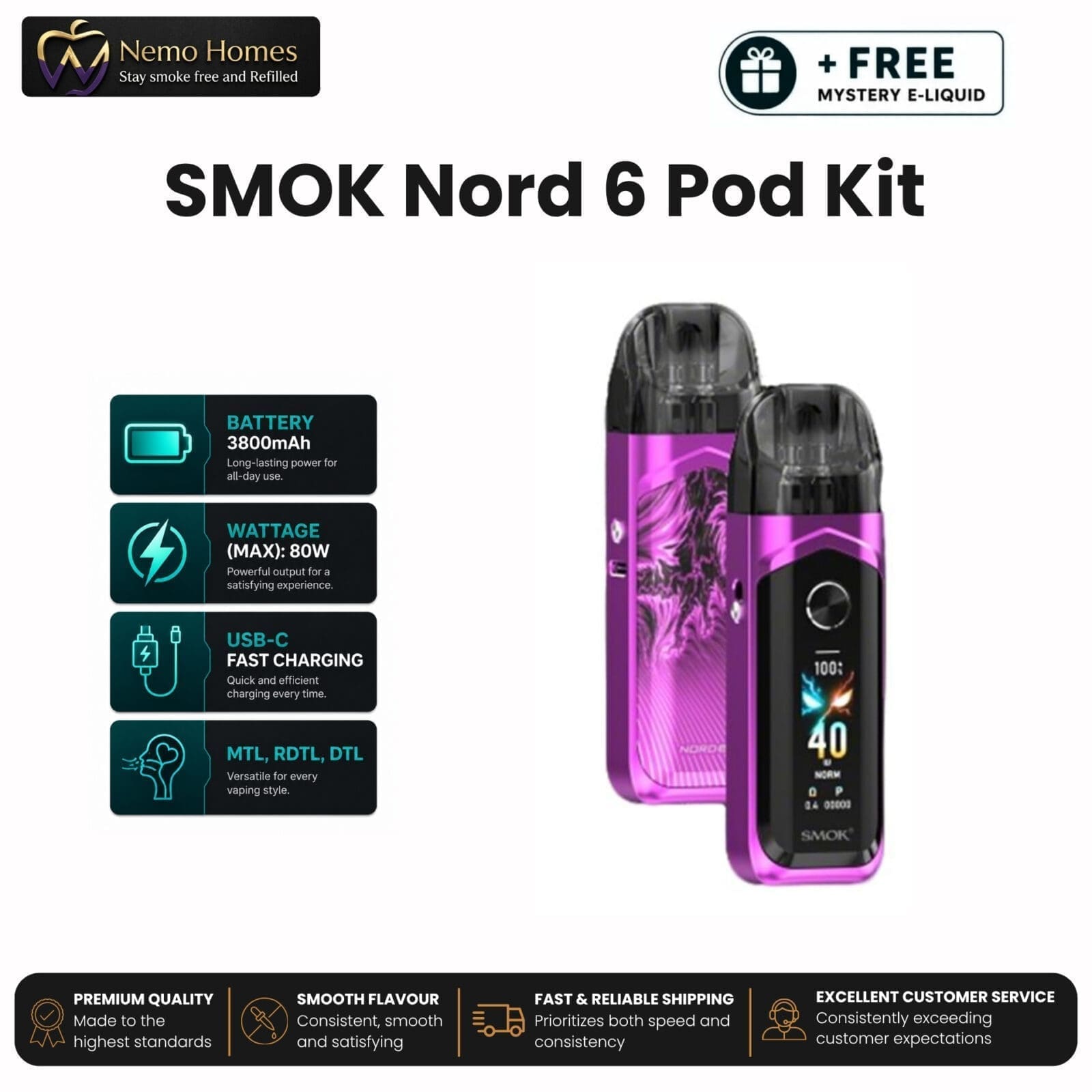 Buy SMOK Nord 6 Kit + Free E liquid - Pink - Free UK Next Day Delivery (no minimum spend)