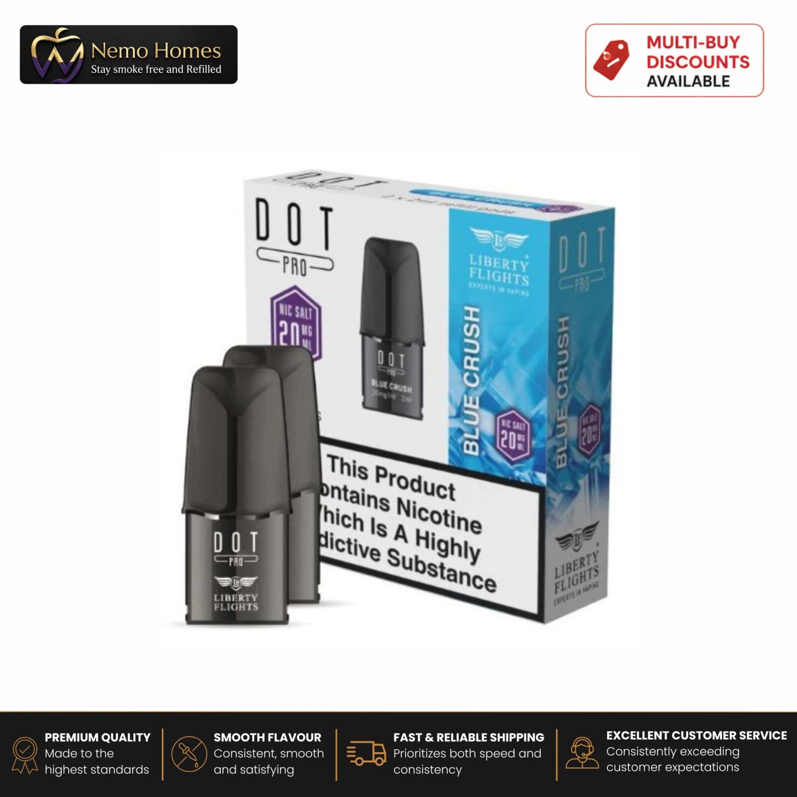 Buy DOT PRO Kit and Pods by Liberty Flights - Blue Crush 20mg Pods - Free UK Next Day Delivery (no minimum spend)