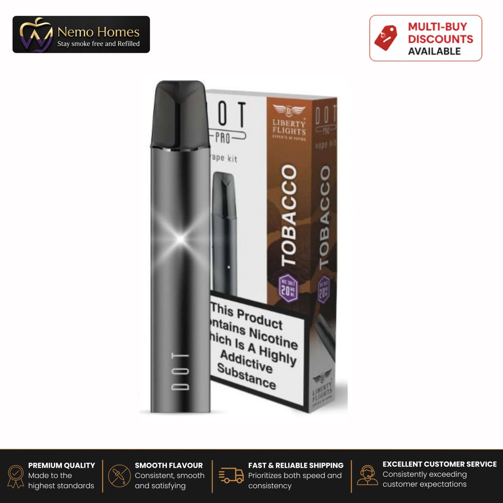 Buy DOT PRO Kit and Pods by Liberty Flights - Tobacco 20mg Dot Pro Kit - Free UK Next Day Delivery (no minimum spend)
