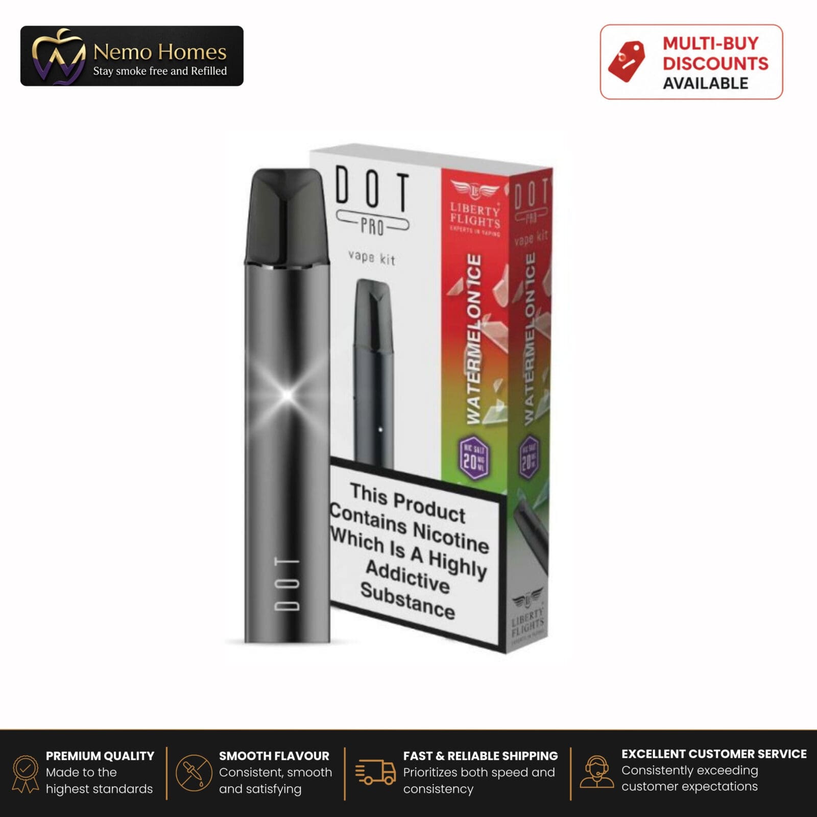 Buy DOT PRO Kit and Pods by Liberty Flights - Watermelon Ice 20mg - Free UK Next Day Delivery (no minimum spend)
