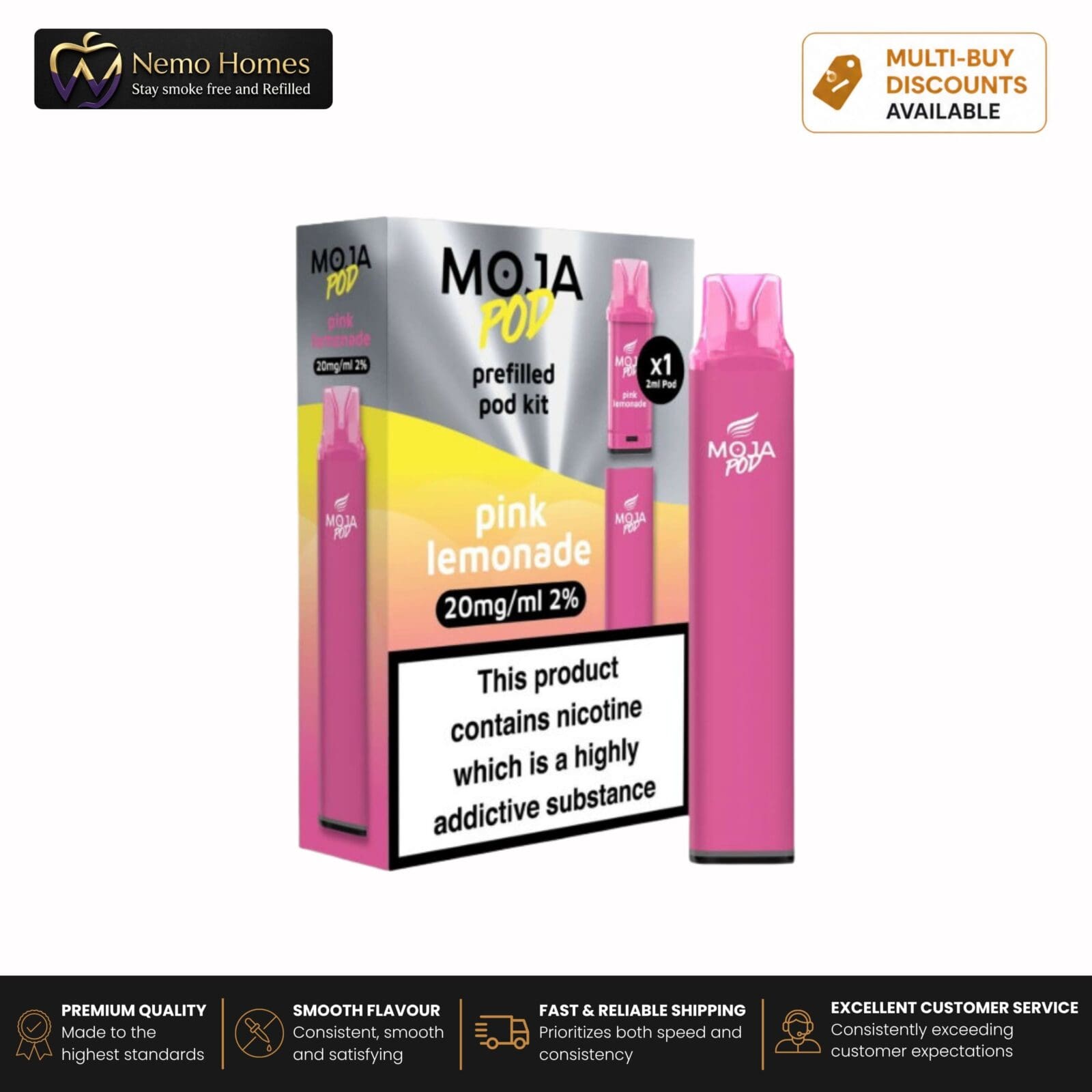 Buy MOJA Vape Kit and Pods by Liberty Flights - MOJA Pod Kit - Pink Lemonade - 20mg - Free UK Next Day Delivery (no minimum spend)