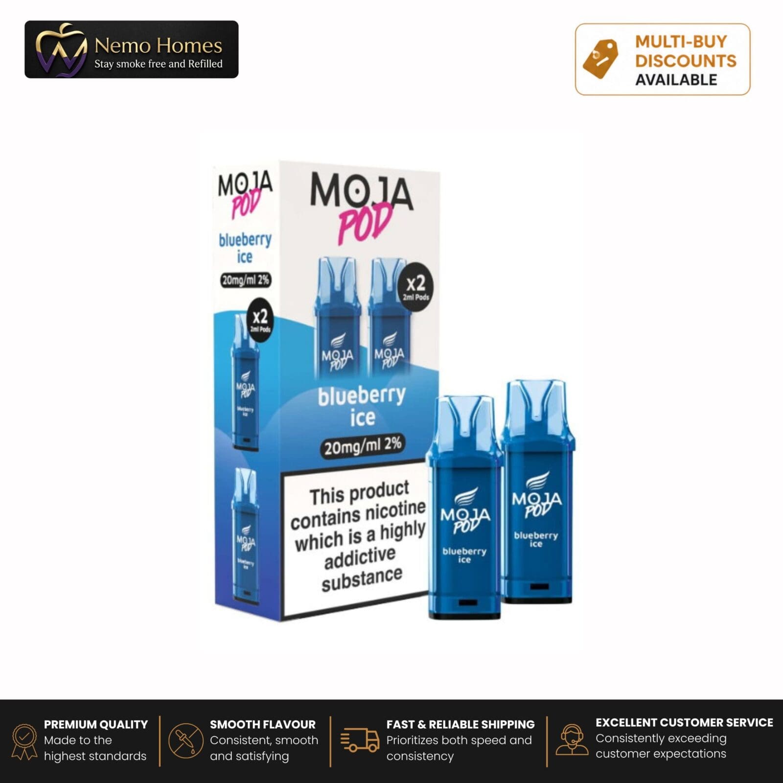 Buy Liberty Flights MOJA Pod Refill - 20mg Blueberry Ice Moja Pod Refill - Free UK Next Day Delivery (no minimum spend)