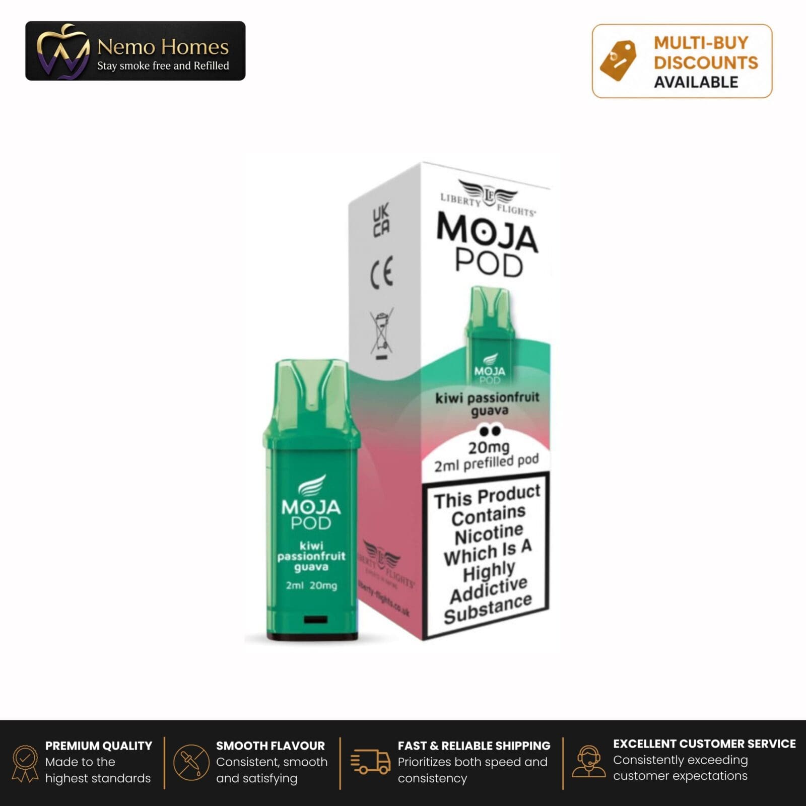 Buy MOJA Vape Kit and Pods by Liberty Flights - MOJA Pod Refill - Kiwi Passionfruit Guava - 1Pack - 20mg - Free UK Next Day Delivery (no minimum spend)