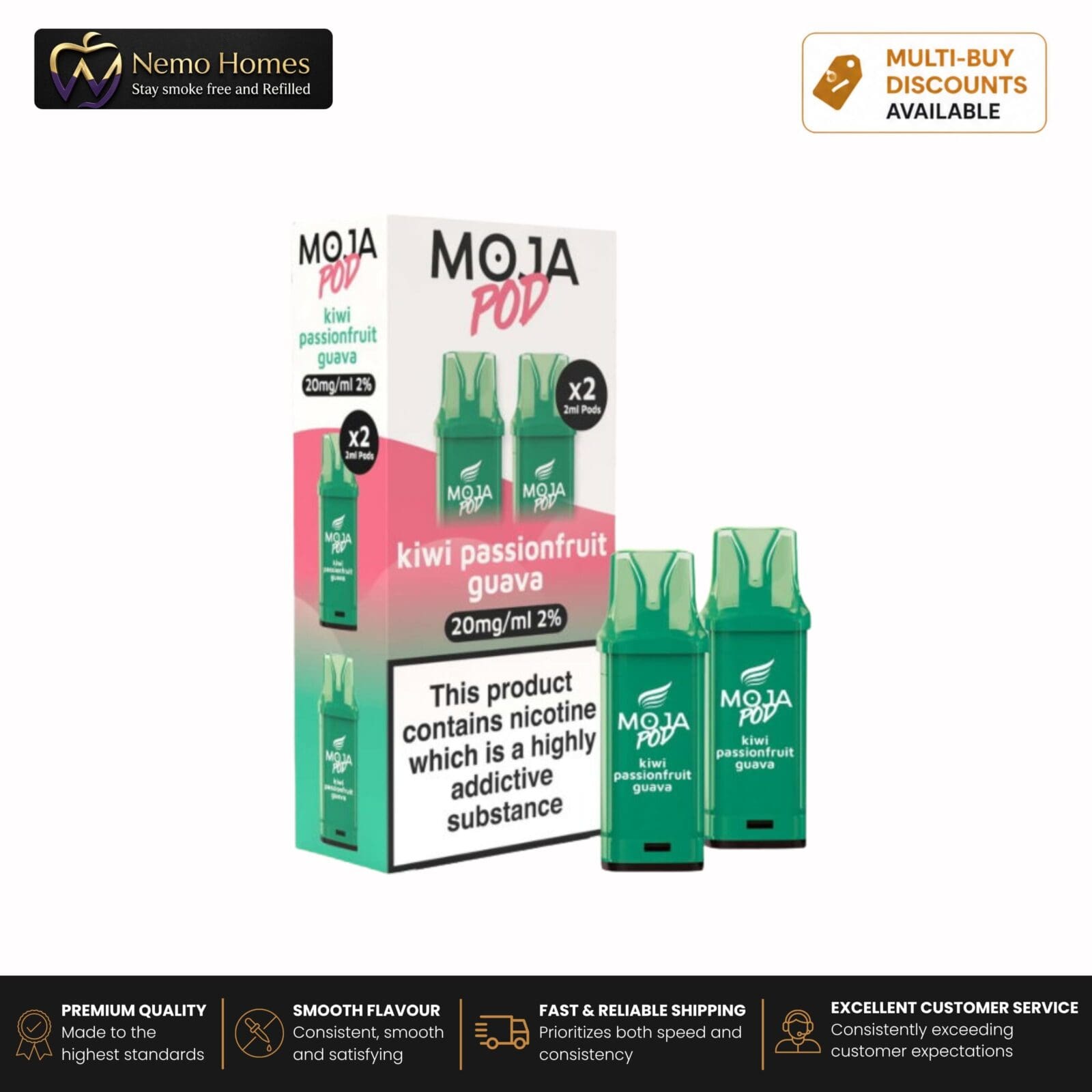 Buy Liberty Flights MOJA Pod Refill - 20mg Kiwi Passionfruit Guava Moja Pod Refill - Free UK Next Day Delivery (no minimum spend)