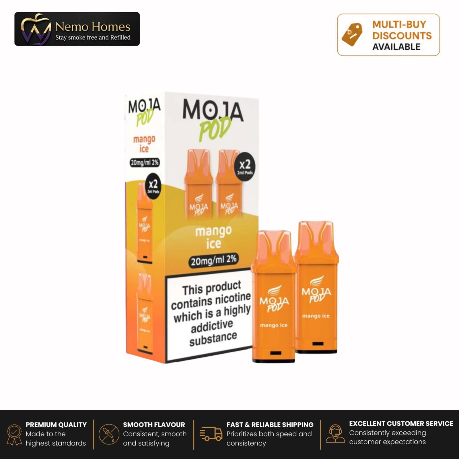 Buy Liberty Flights MOJA Pod Refill - 20mg Mango Peach Watermelon Moja Pod Refill - Free UK Next Day Delivery (no minimum spend)