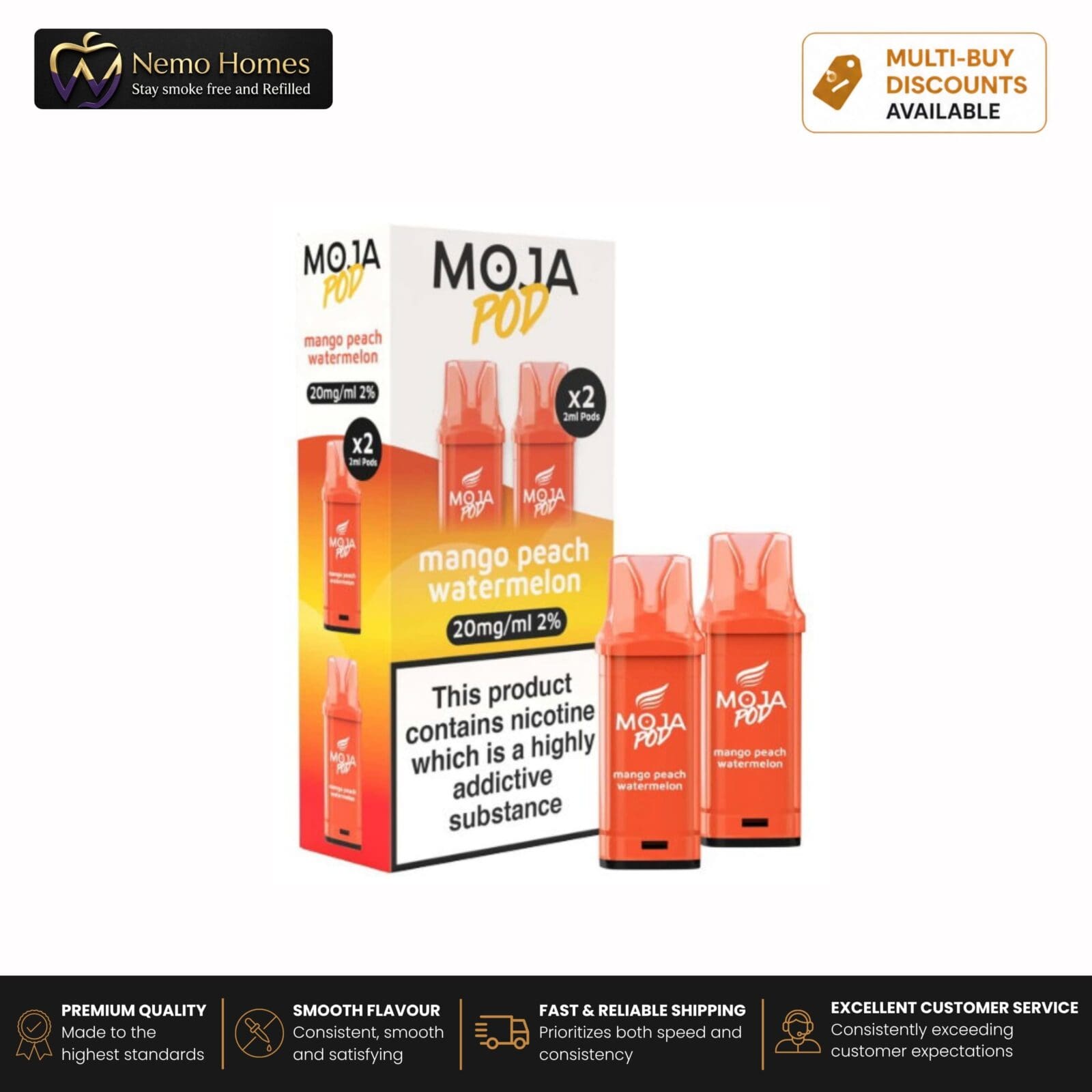 Buy MOJA Vape Kit and Pods by Liberty Flights - MOJA Pod Refill - Mango Peach Watermelon - 2 Pack - 20mg - Free UK Next Day Delivery (no minimum spend)