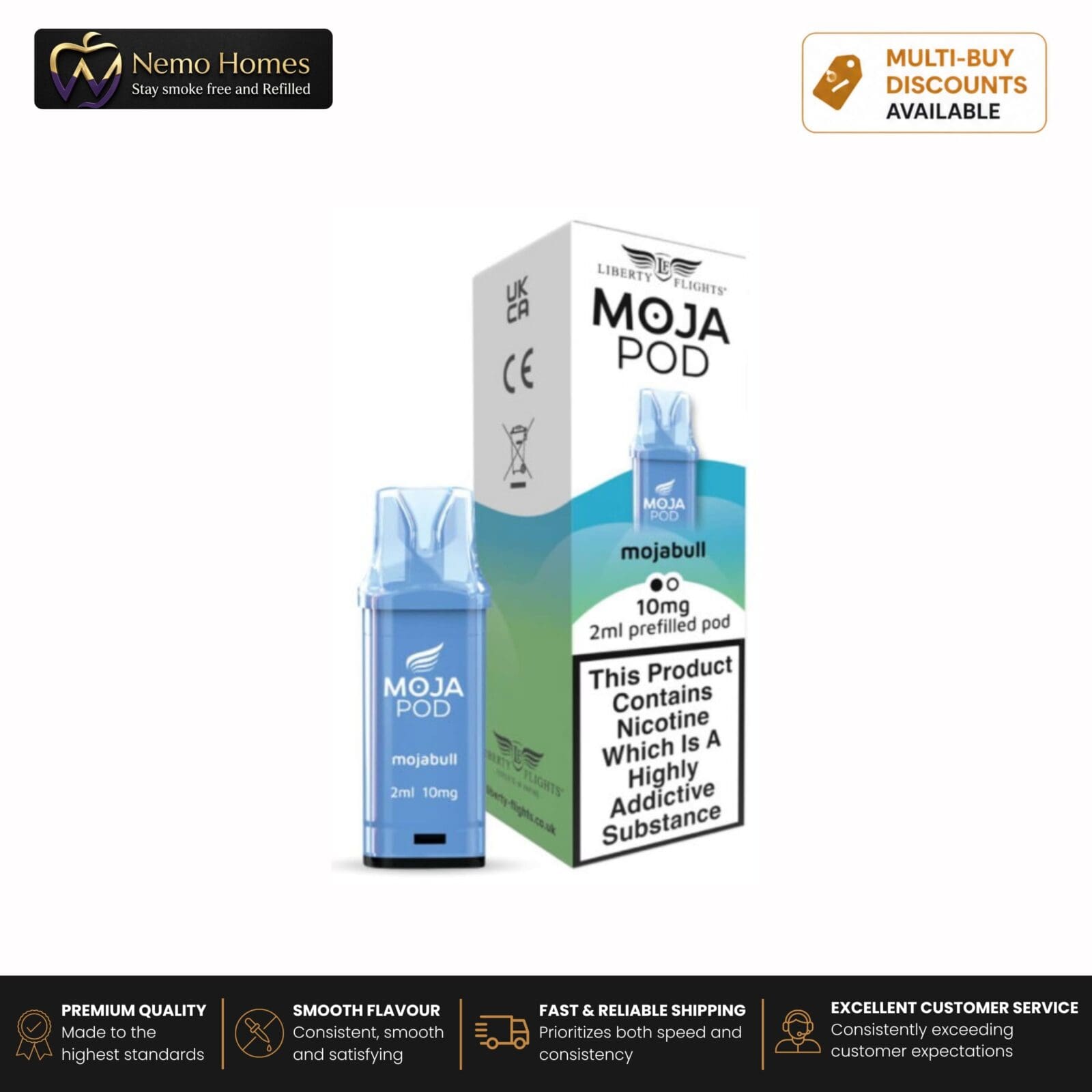 Buy MOJA Vape Kit and Pods by Liberty Flights - MOJA Pod Refill - Mojabull - 1Pack - 10mg - Free UK Next Day Delivery (no minimum spend)