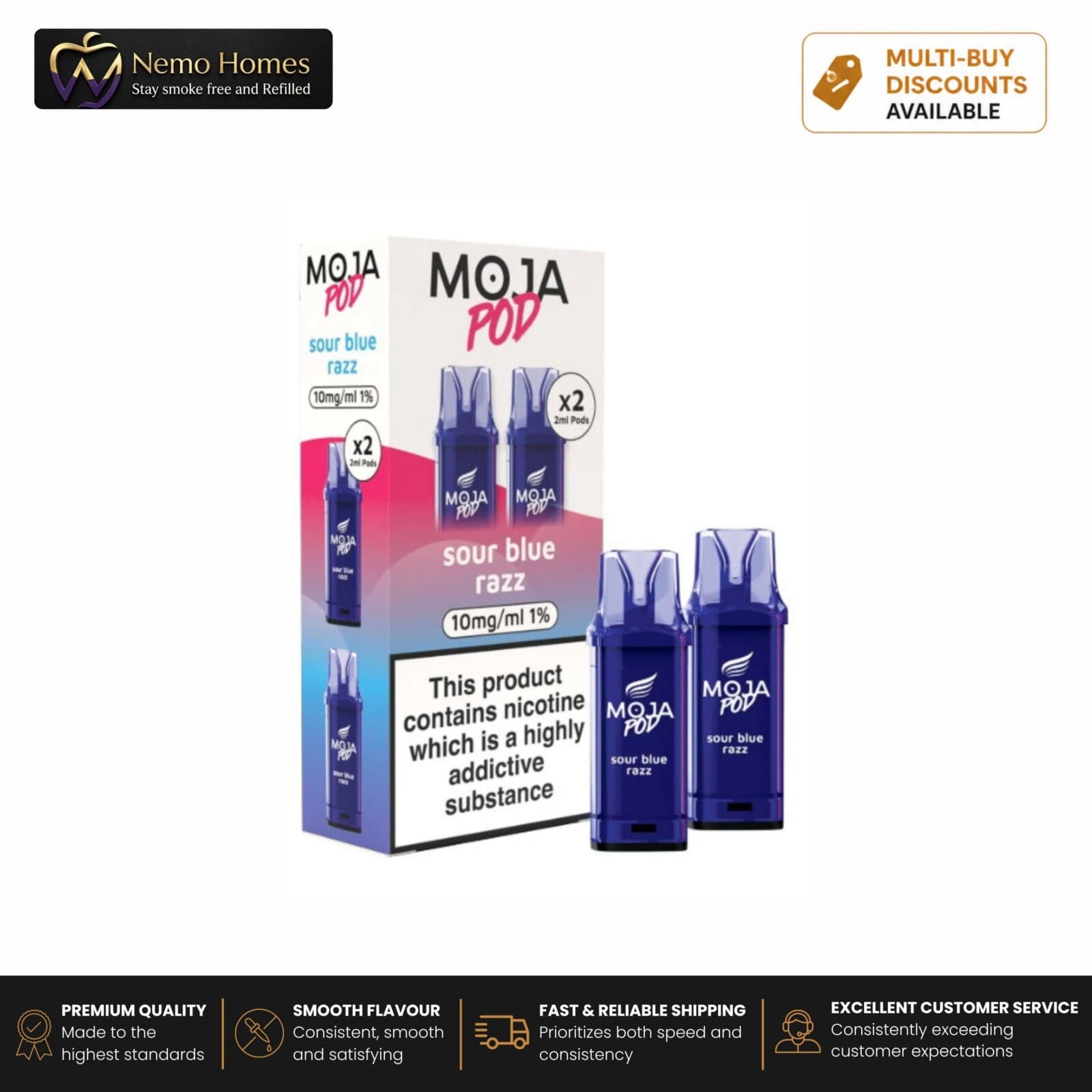 Buy MOJA Vape Kit and Pods by Liberty Flights - MOJA Pod Refill - Sour Blue Razz - 2 Pack - 10mg - Free UK Next Day Delivery (no minimum spend)