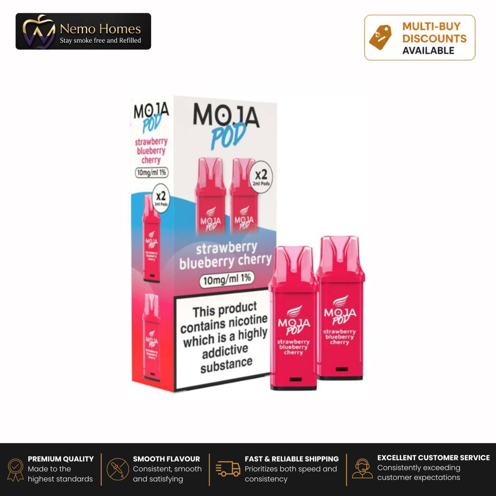 Buy Liberty Flights MOJA Pod Refill - 10mg Strawberry Blueberry Cherry Moja Pod Refill - Free UK Next Day Delivery (no minimum spend)