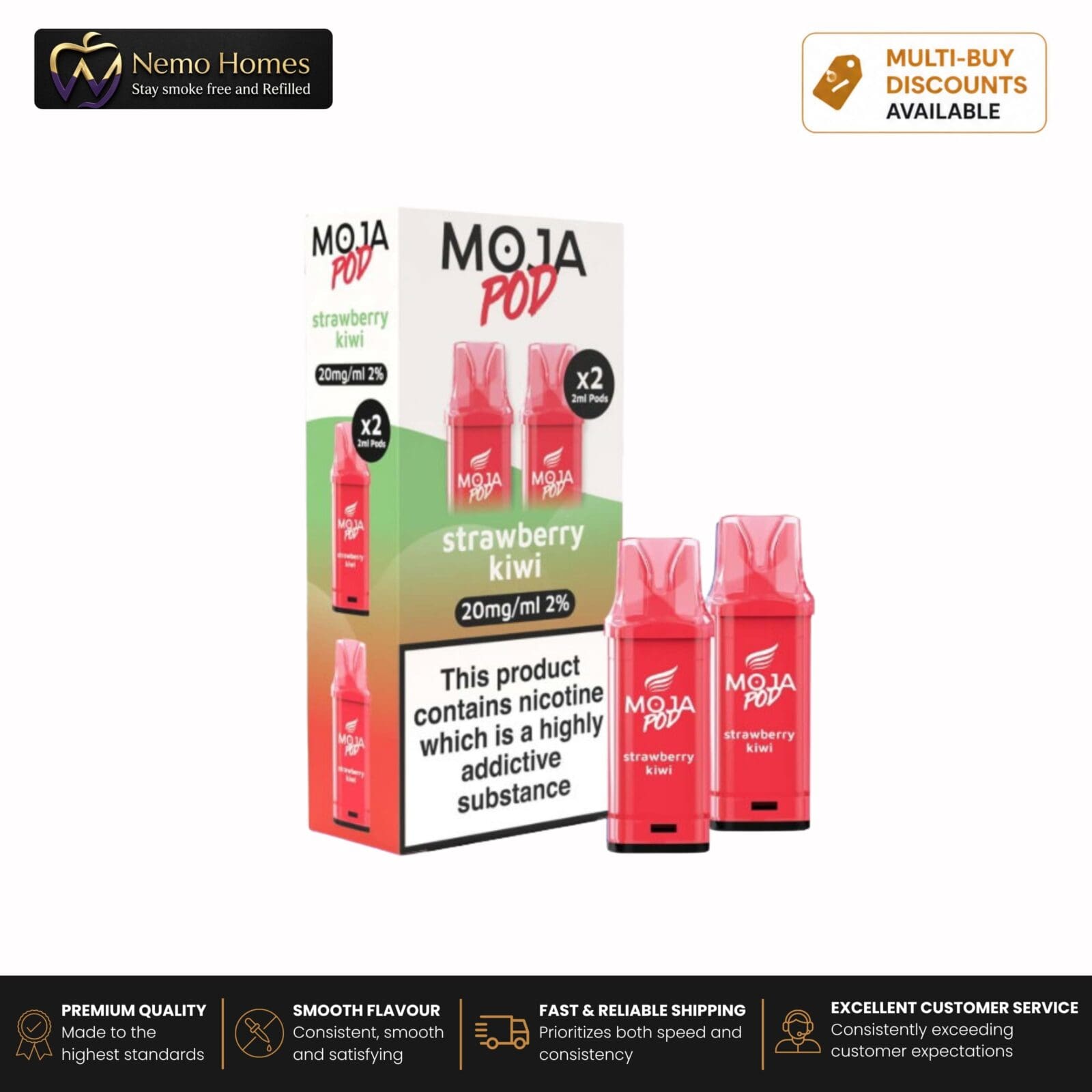 Buy Liberty Flights MOJA Pod Refill - 20mg Strawberry Kiwi Moja Pod Refill - Free UK Next Day Delivery (no minimum spend)