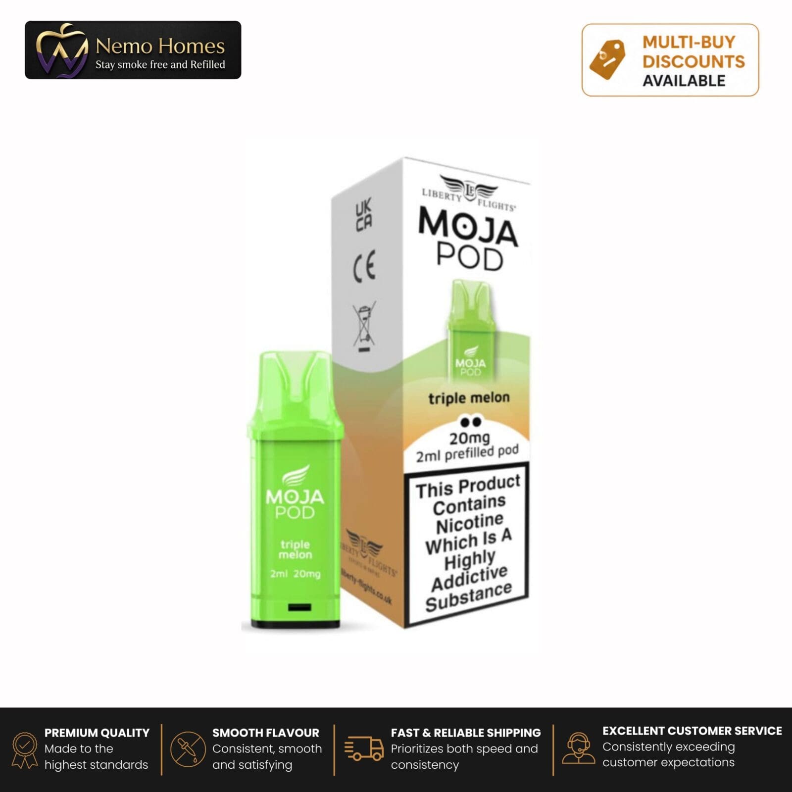 Buy MOJA Vape Kit and Pods by Liberty Flights - MOJA Pod Refill - Triple Melon - 1Pack - 20mg - Free UK Next Day Delivery (no minimum spend)
