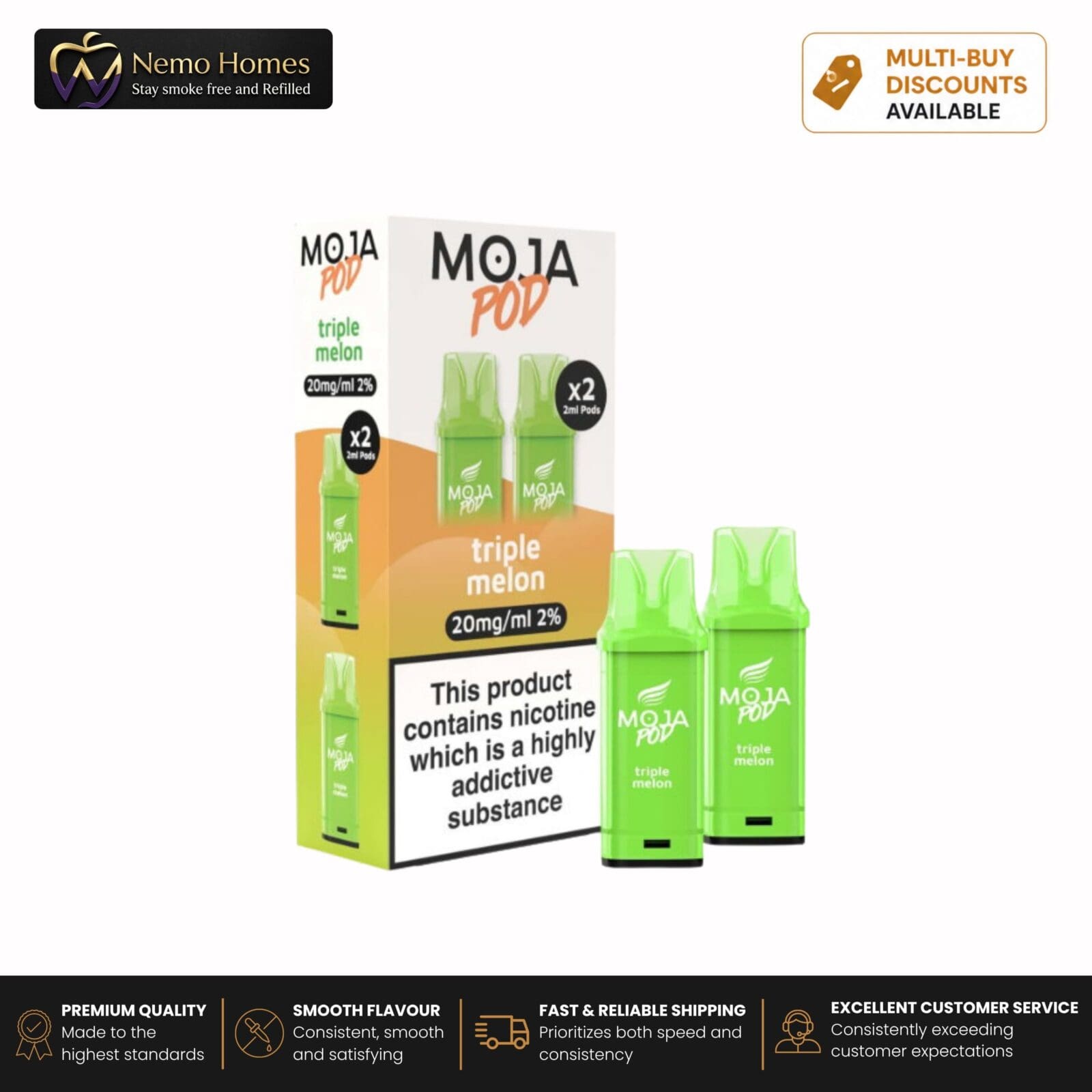Buy Liberty Flights MOJA Pod Refill - 20mg Triple Melon Moja Pod Refill - Free UK Next Day Delivery (no minimum spend)