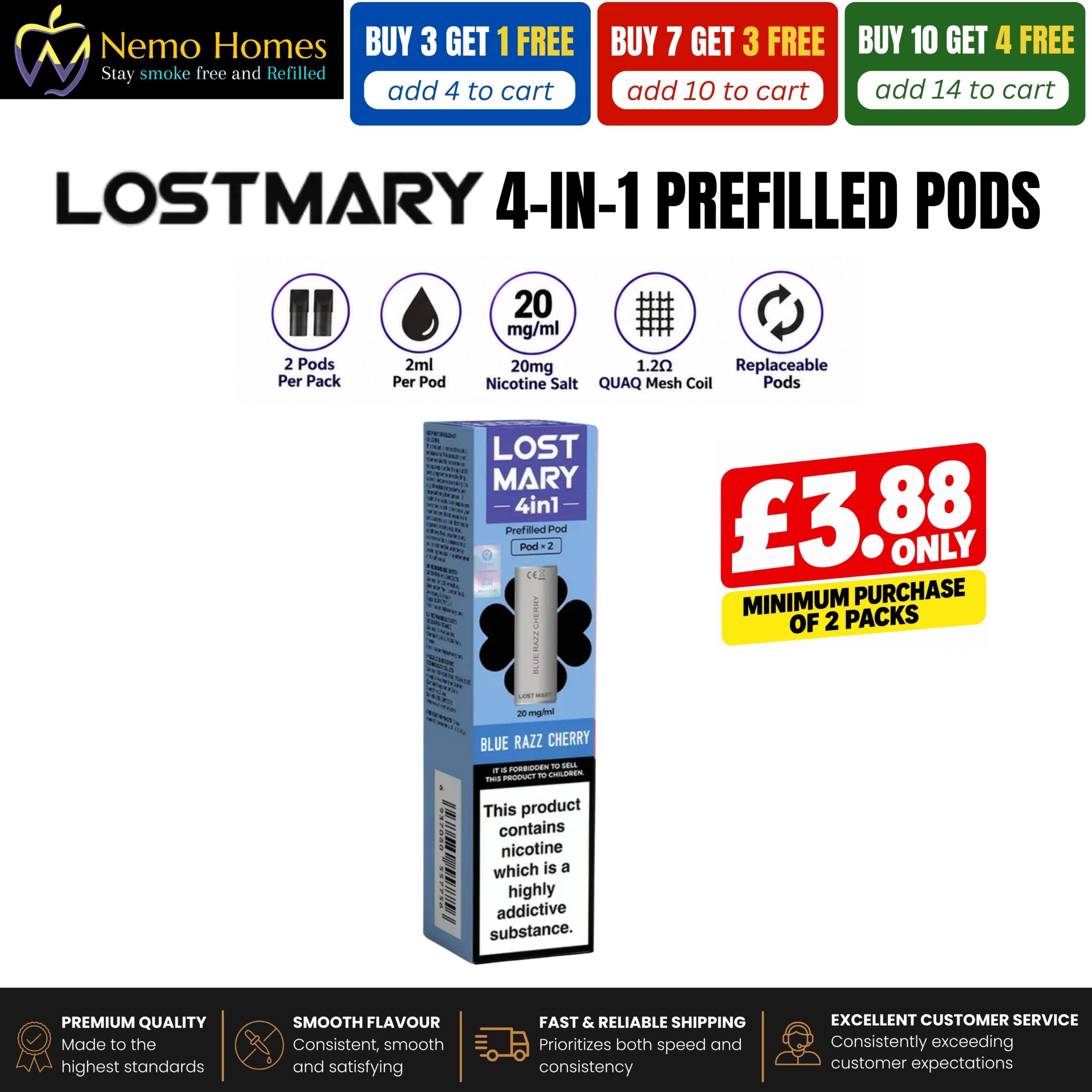 Buy Lost Mary 4-in-1 Pods | 2 Pack - Blue Razz Cherry - Free UK Next Day Delivery (no minimum spend)