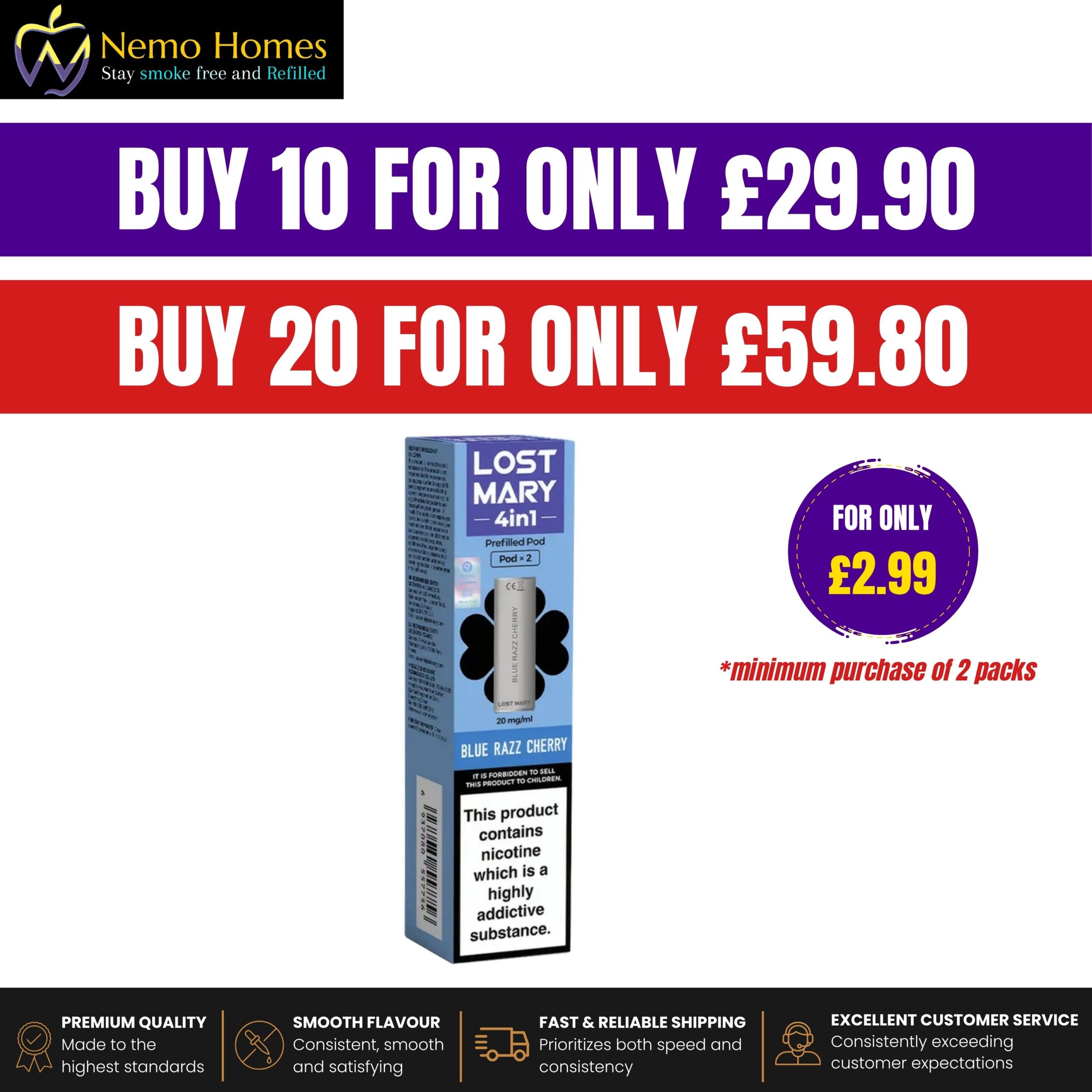 Buy Lost Mary 4 in 1 Replacement Pods - Blue Razz Cherry - Free UK Next Day Delivery (no minimum spend)