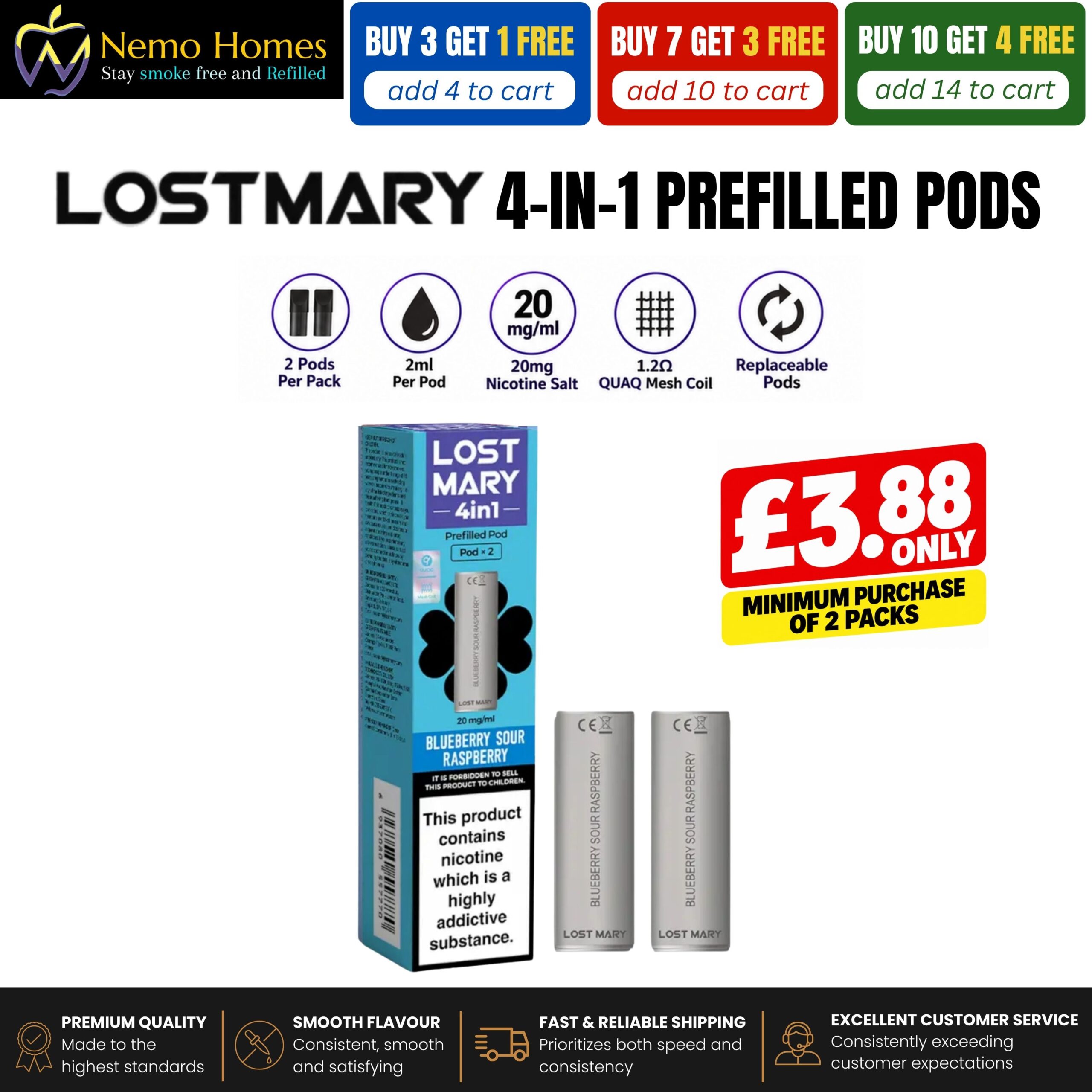Buy Lost Mary 4-in-1 Pods | 2 Pack - Blueberry Sour Raspberry - Free UK Next Day Delivery (no minimum spend)