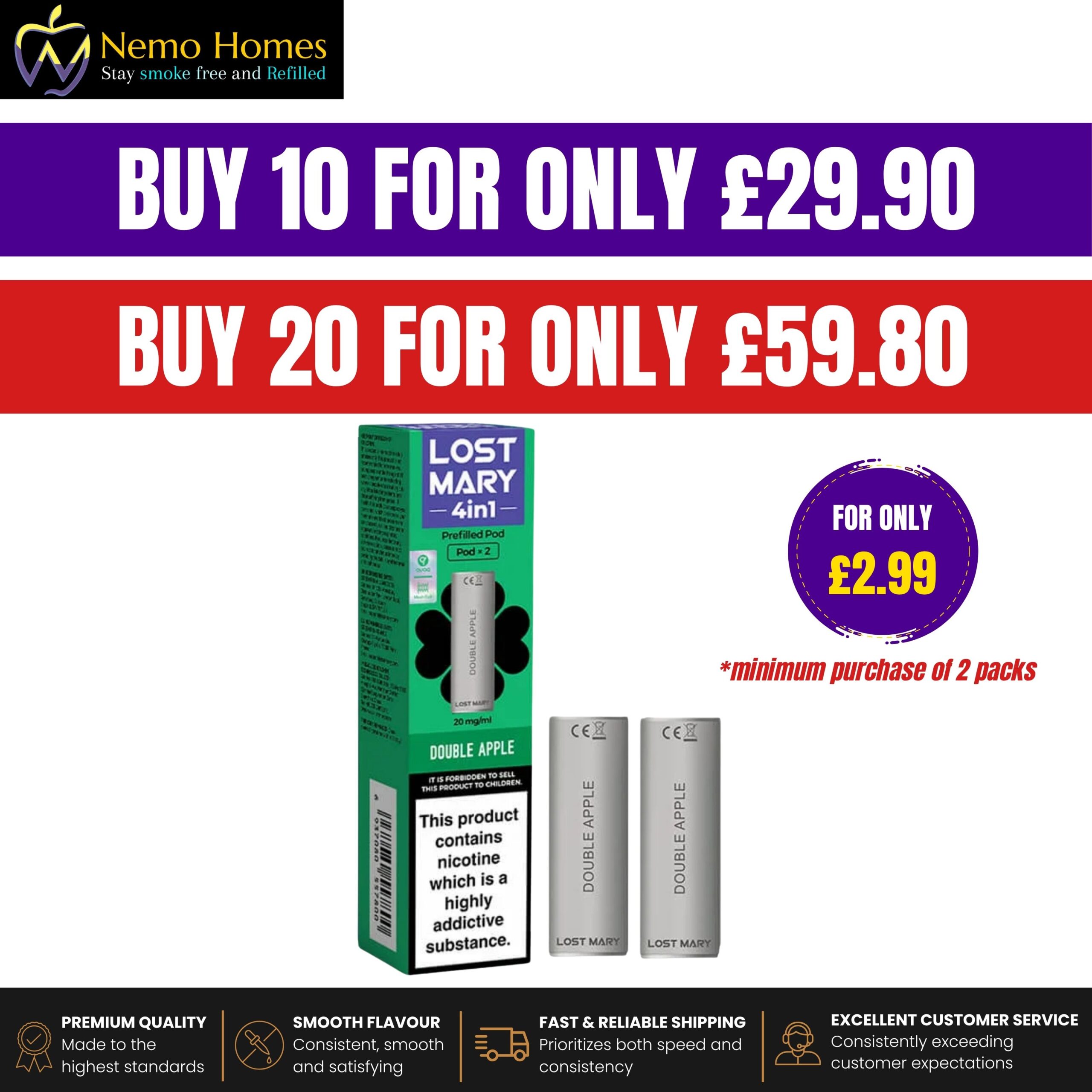Buy Lost Mary 4 in 1 Replacement Pods - Double Apple - Free UK Next Day Delivery (no minimum spend)
