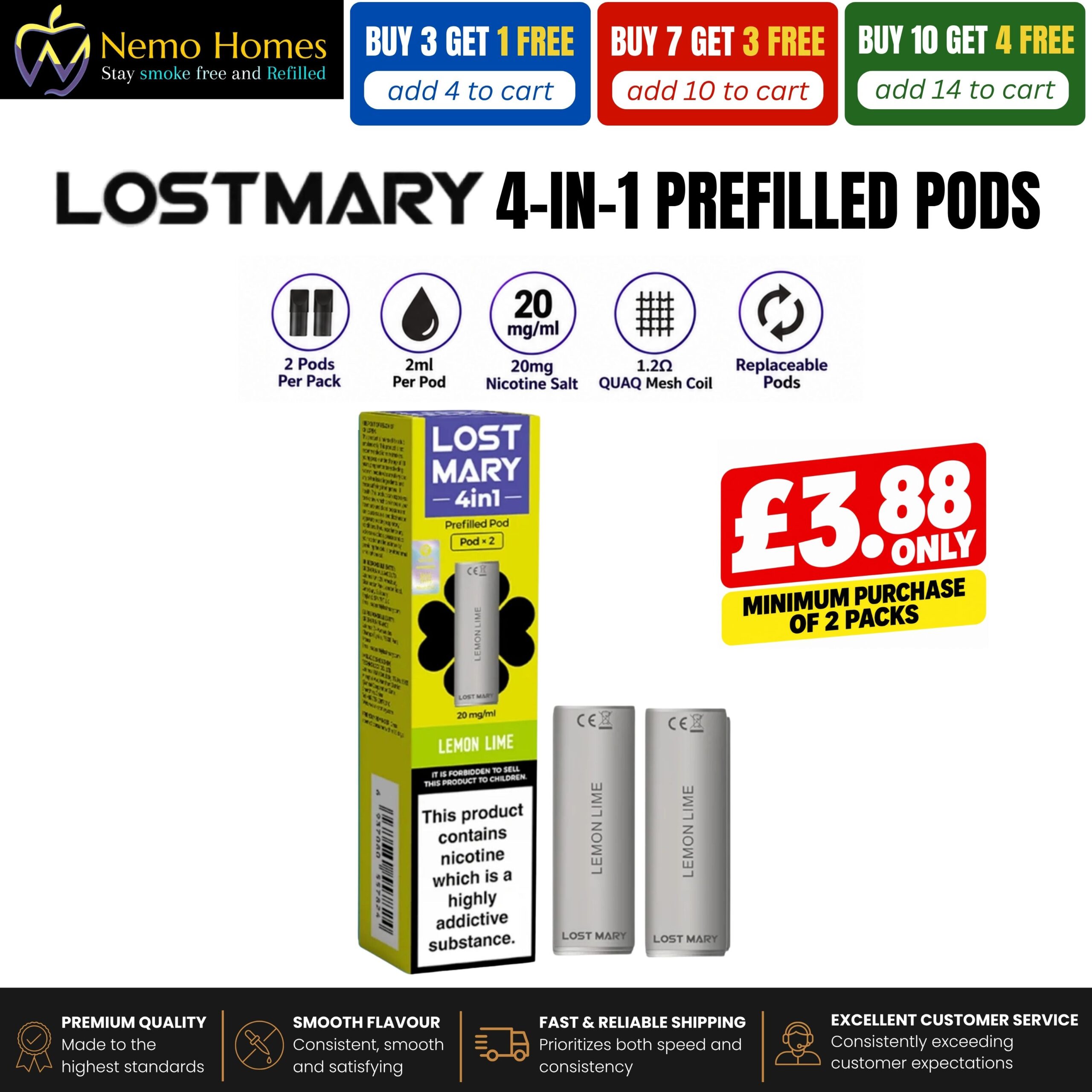 Buy Lost Mary 4-in-1 Pods | 2 Pack - Lemon Lime - Free UK Next Day Delivery (no minimum spend)