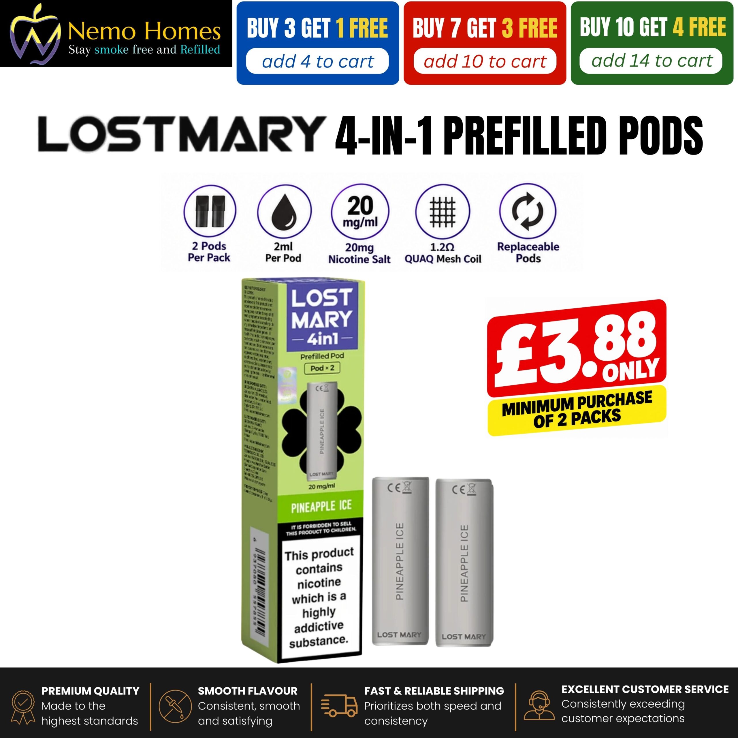 Buy Lost Mary 4-in-1 Pods | 2 Pack - Pineapple Ice - Free UK Next Day Delivery (no minimum spend)
