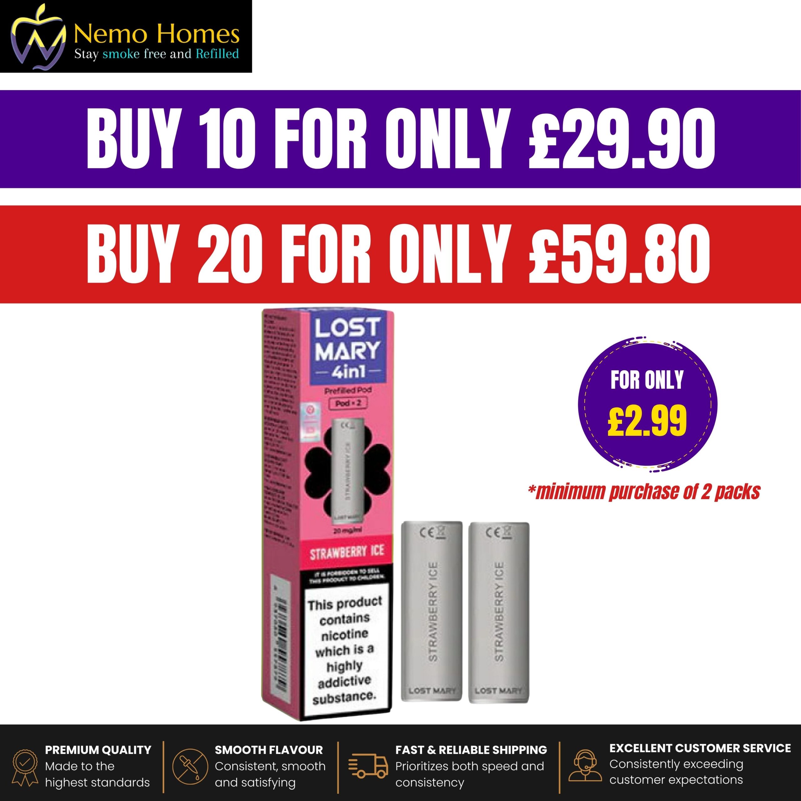 Buy Lost Mary 4 in 1 Replacement Pods - Strawberry Ice - Free UK Next Day Delivery (no minimum spend)