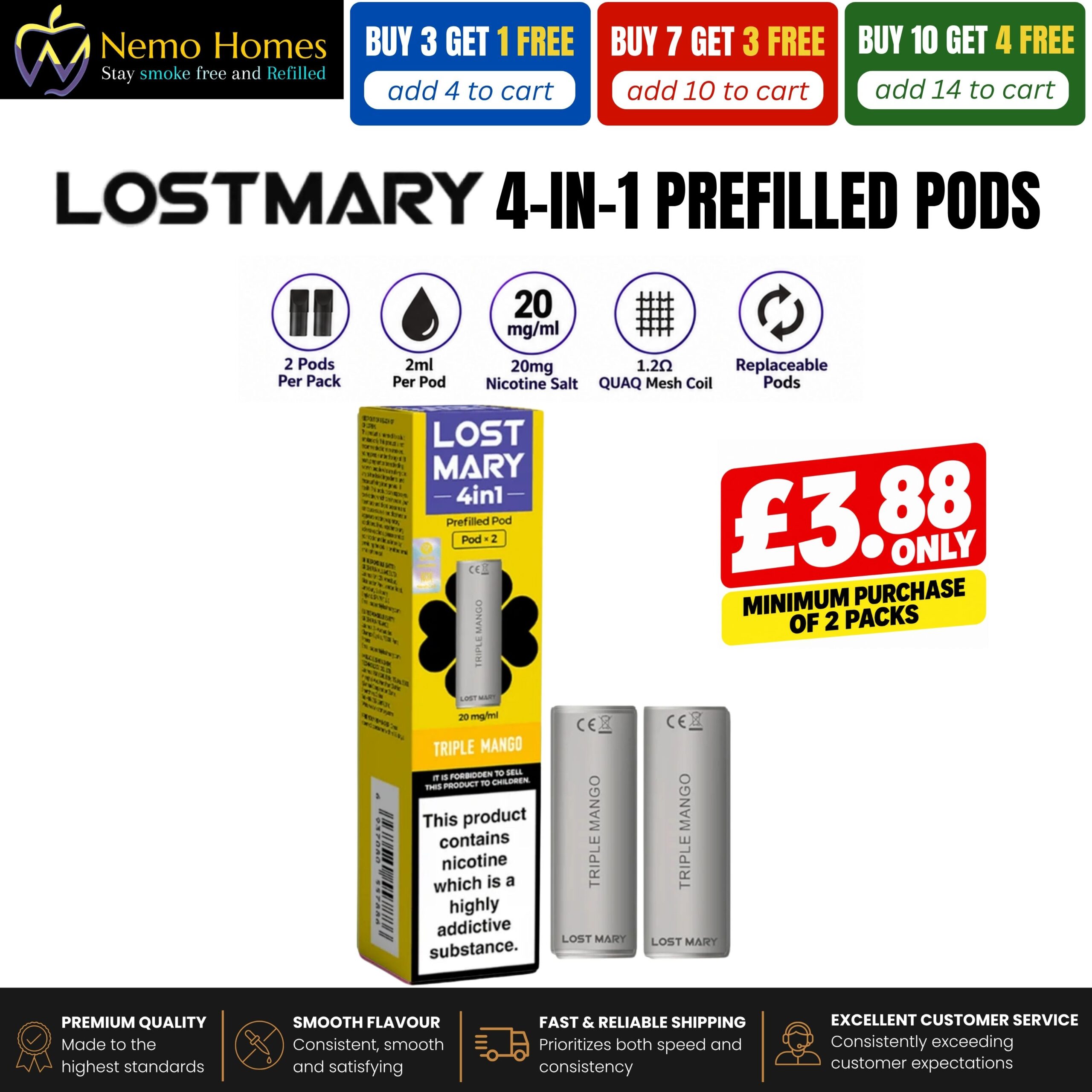 Buy Lost Mary 4-in-1 Pods | 2 Pack - Triple Mango - Free UK Next Day Delivery (no minimum spend)