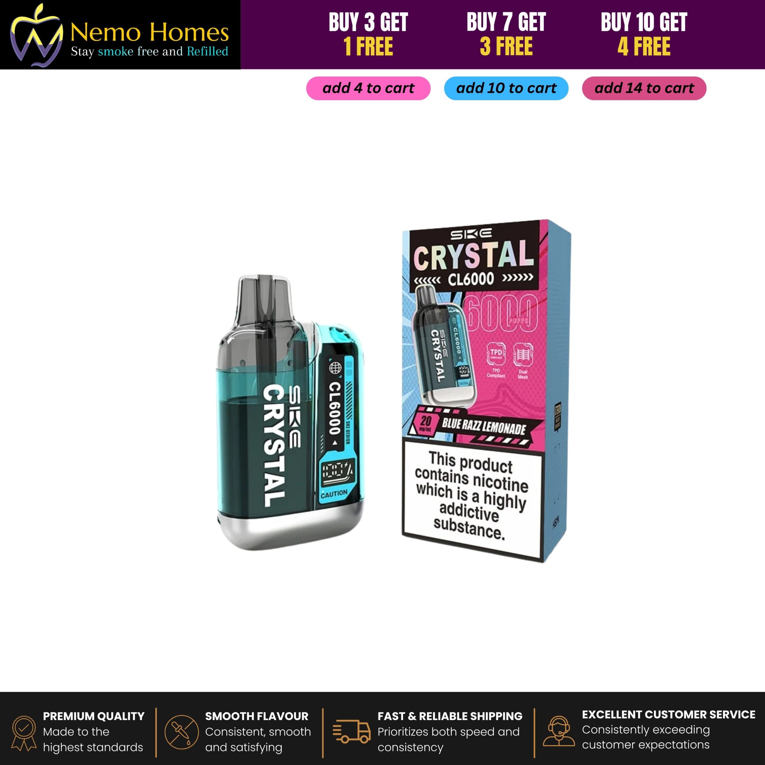 Buy SKE Crystal CL6000 Prefilled Pods and Vape Kit – 20mg - CL6000 Kit - Blue Razz Lemonade - Free UK Next Day Delivery (no minimum spend)
