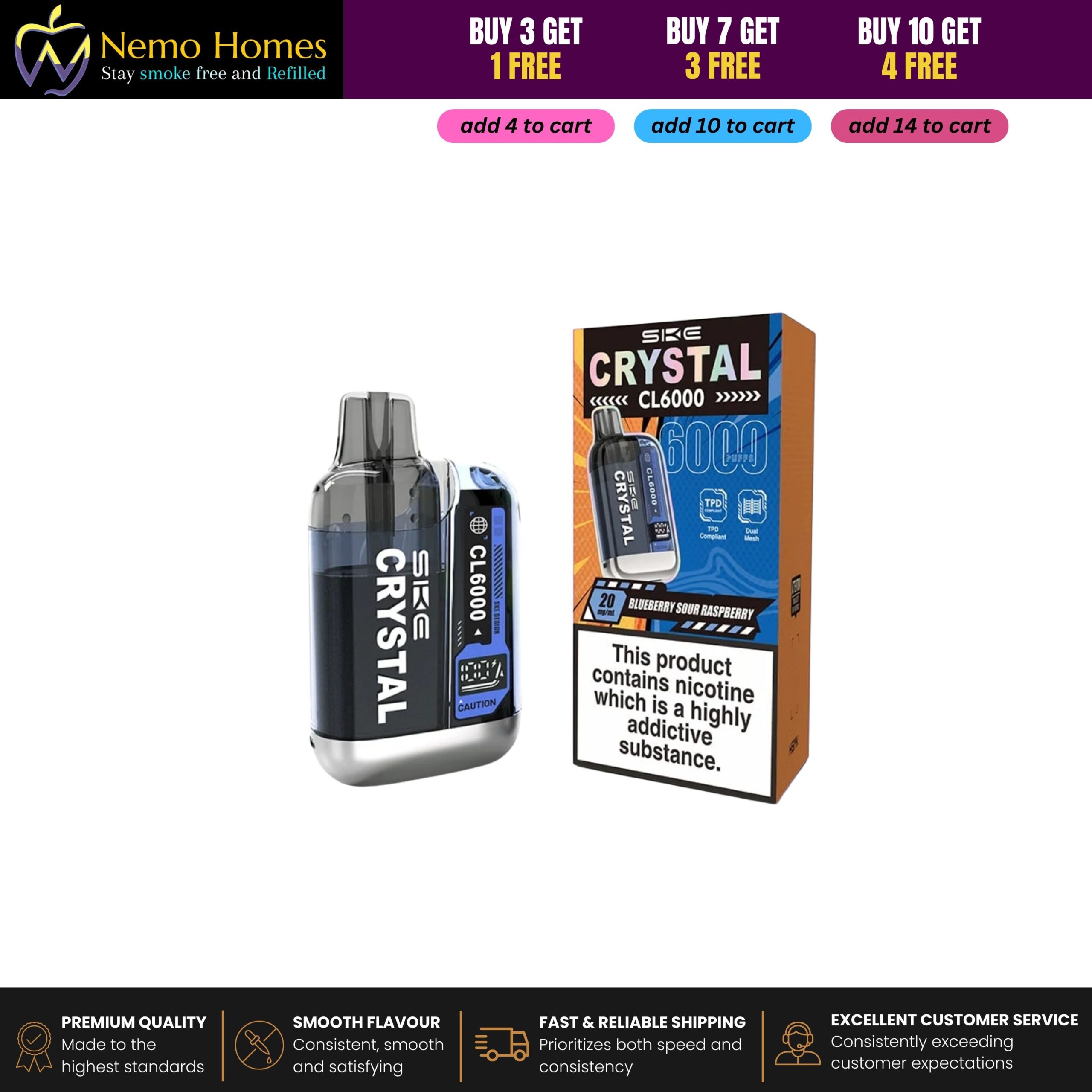 Buy SKE Crystal CL6000 Prefilled Pods and Vape Kit – 20mg - CL6000 Kit - Blueberry Sour Raspberry - Free UK Next Day Delivery (no minimum spend)